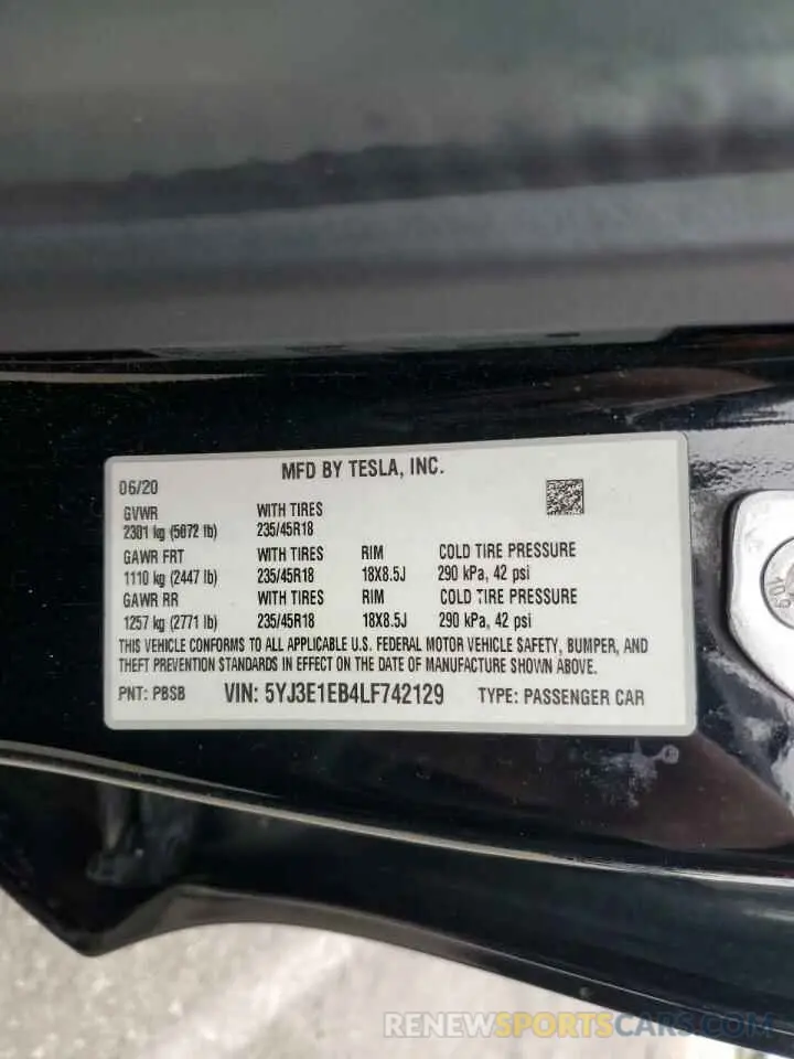 14 fotografías del automóvil dañado 5YJ3E1EB4LF742129 TESLA MODEL 3 2020