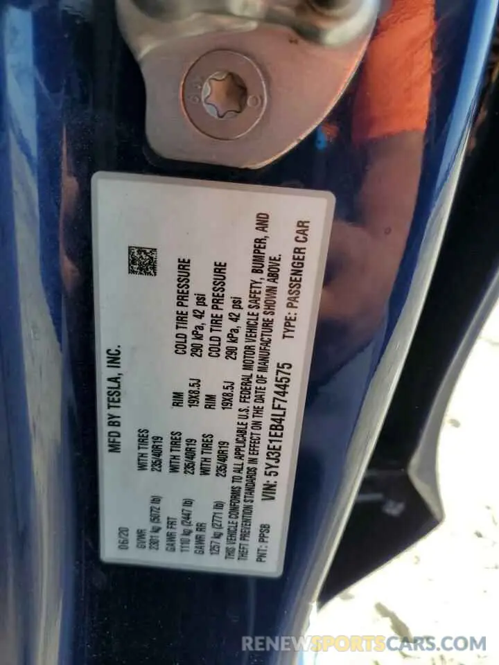 12 fotografías del automóvil dañado 5YJ3E1EB4LF744575 TESLA MODEL 3 2020
