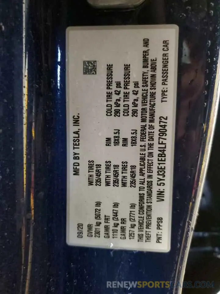 14 fotografías del automóvil dañado 5YJ3E1EB4LF790472 TESLA MODEL 3 2020