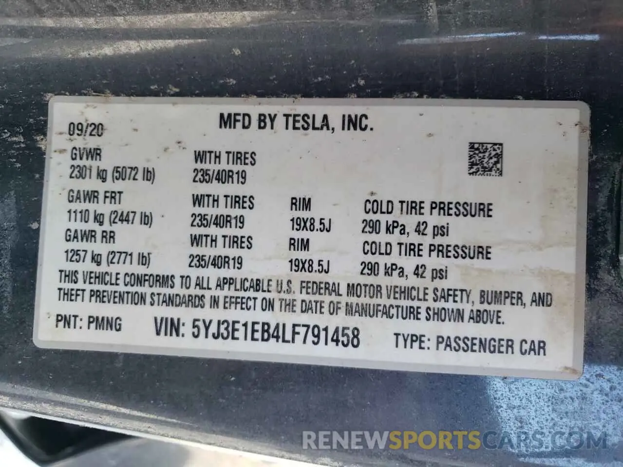 10 fotografías del automóvil dañado 5YJ3E1EB4LF791458 TESLA MODEL 3 2020