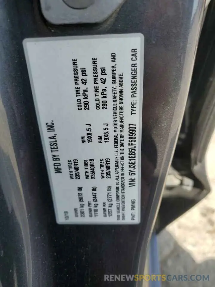 13 fotografías del automóvil dañado 5YJ3E1EB5LF589907 TESLA MODEL 3 2020
