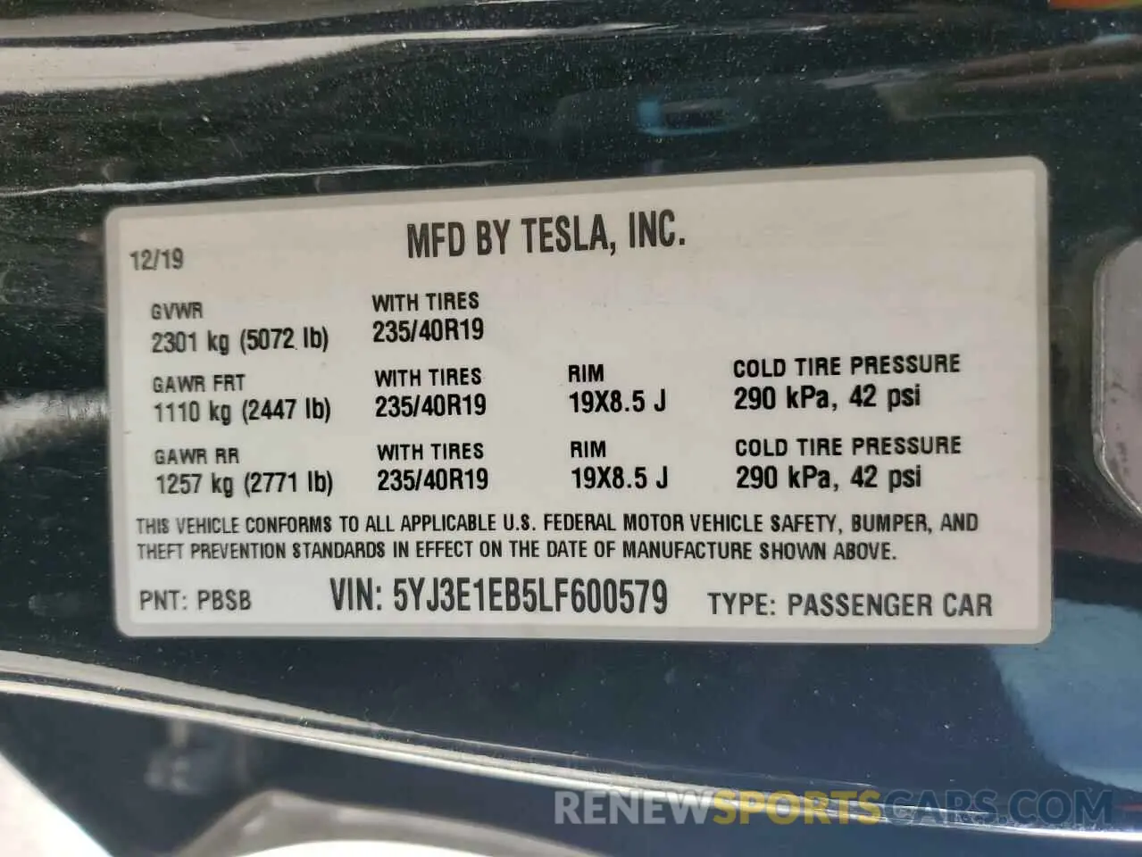13 fotografías del automóvil dañado 5YJ3E1EB5LF600579 TESLA MODEL 3 2020
