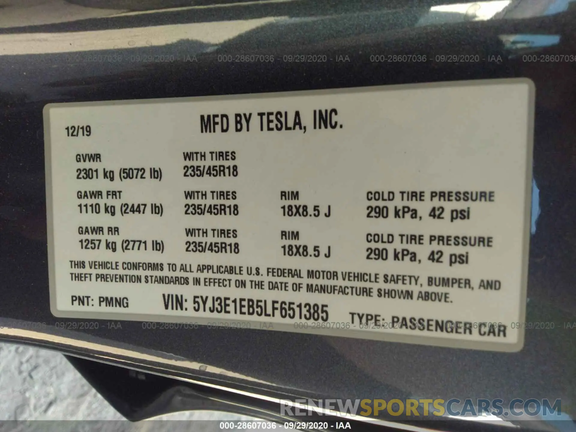 9 fotografías del automóvil dañado 5YJ3E1EB5LF651385 TESLA MODEL 3 2020