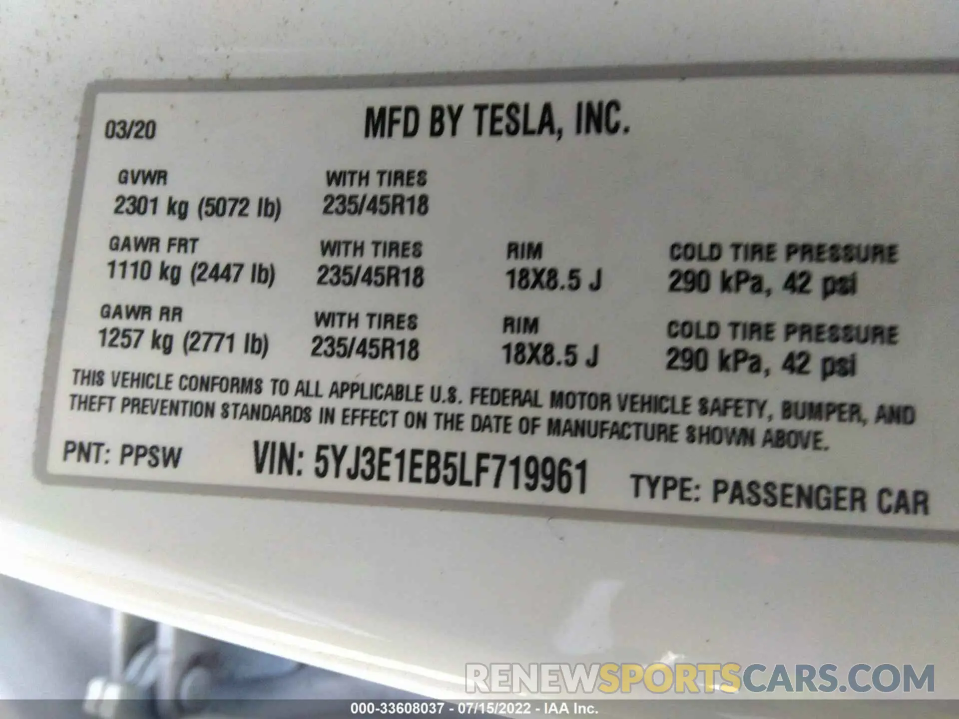 9 fotografías del automóvil dañado 5YJ3E1EB5LF719961 TESLA MODEL 3 2020