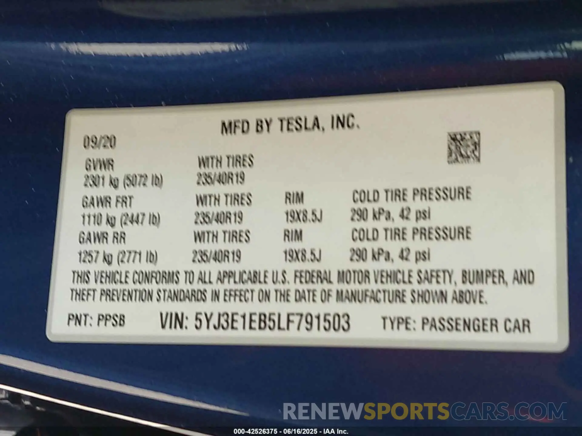 9 fotografías del automóvil dañado 5YJ3E1EB5LF791503 TESLA MODEL 3 2020