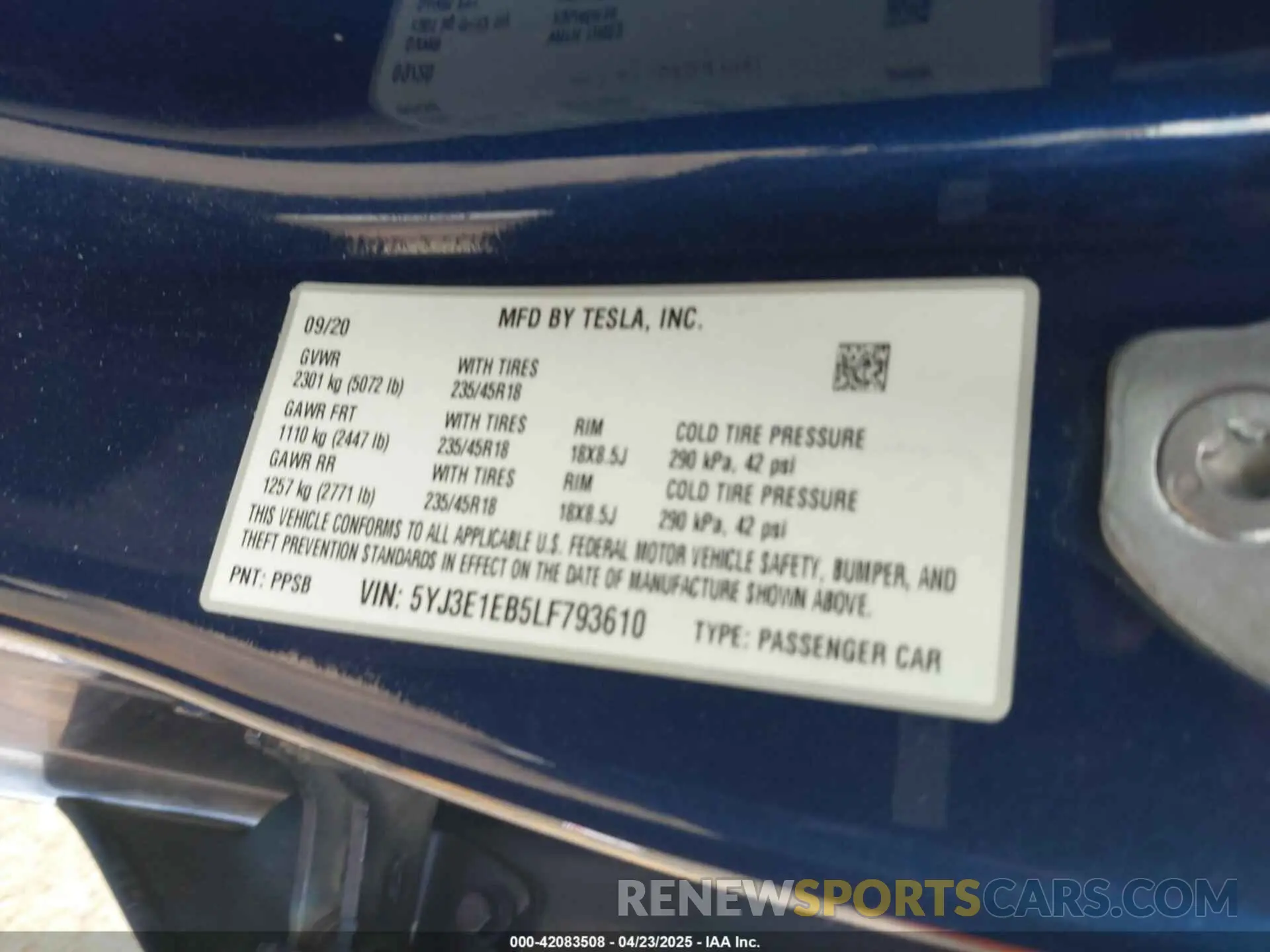 9 fotografías del automóvil dañado 5YJ3E1EB5LF793610 TESLA MODEL 3 2020