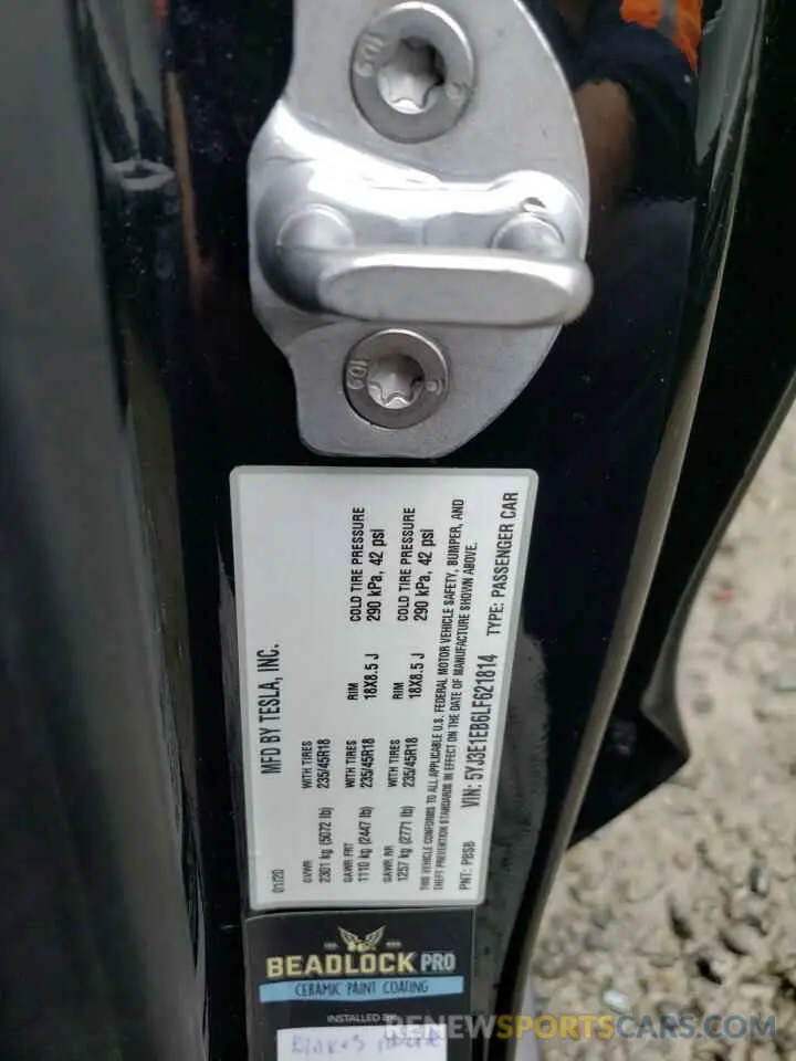12 fotografías del automóvil dañado 5YJ3E1EB6LF621814 TESLA MODEL 3 2020
