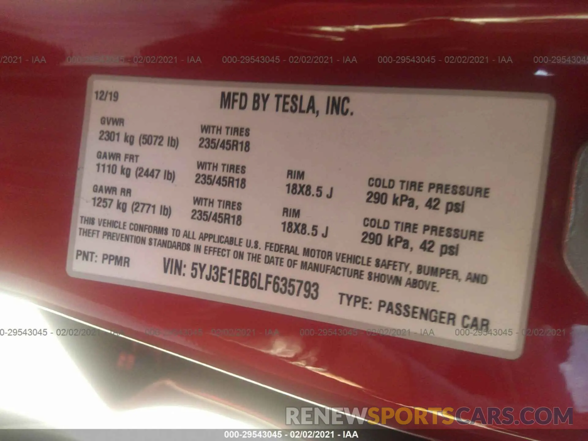 9 fotografías del automóvil dañado 5YJ3E1EB6LF635793 TESLA MODEL 3 2020