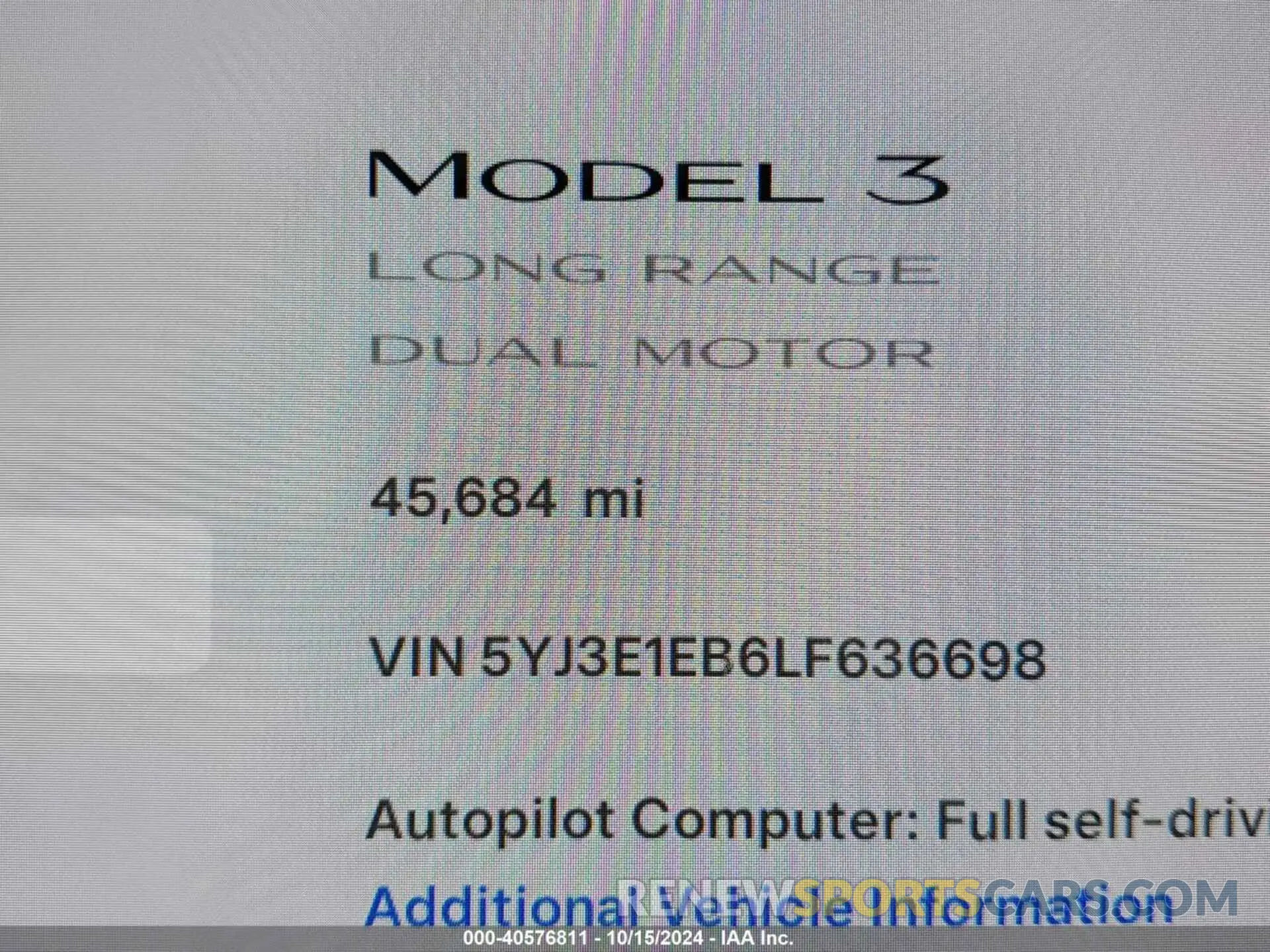 15 fotografías del automóvil dañado 5YJ3E1EB6LF636698 TESLA MODEL 3 2020