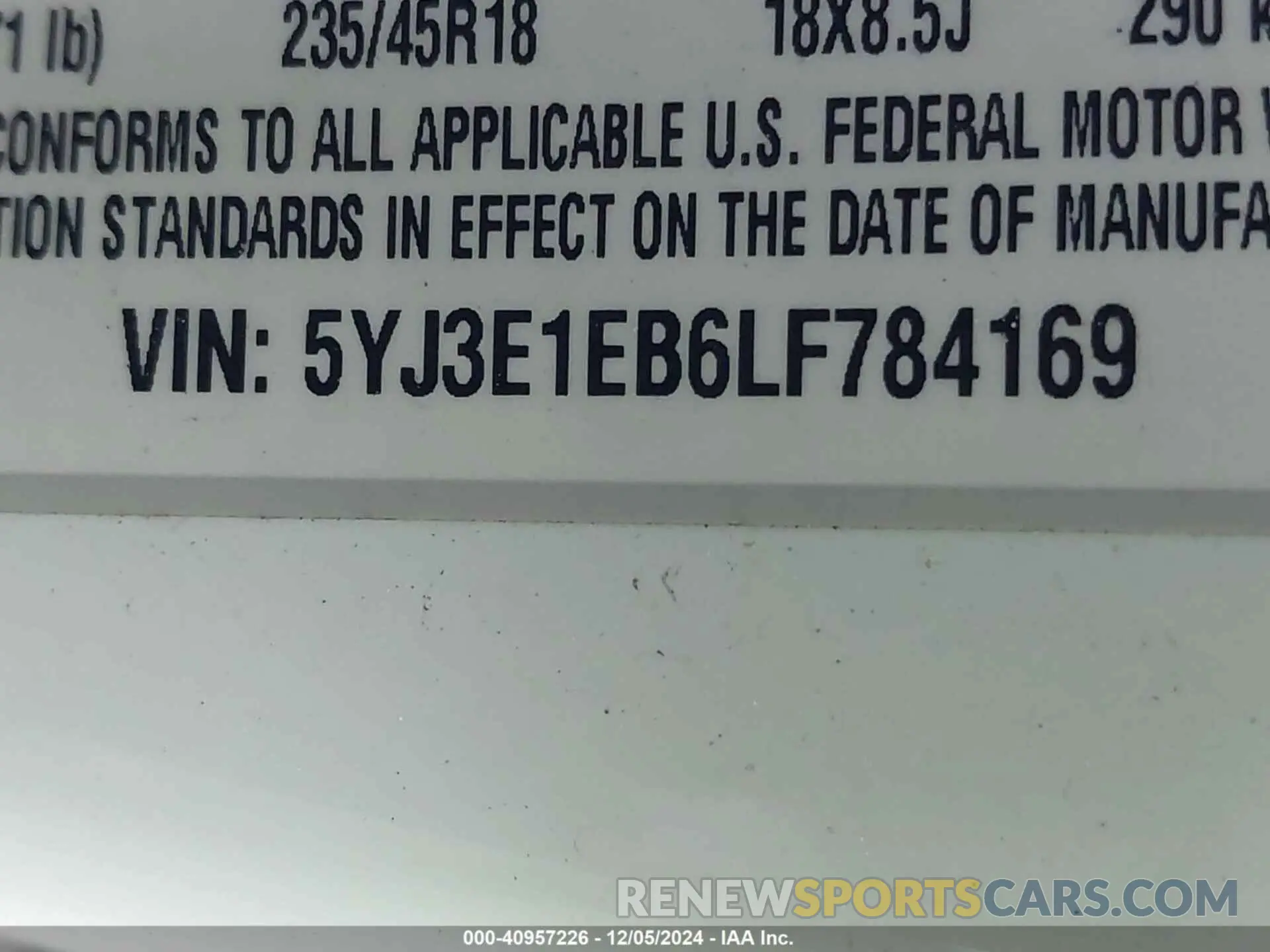 9 fotografías del automóvil dañado 5YJ3E1EB6LF784169 TESLA MODEL 3 2020