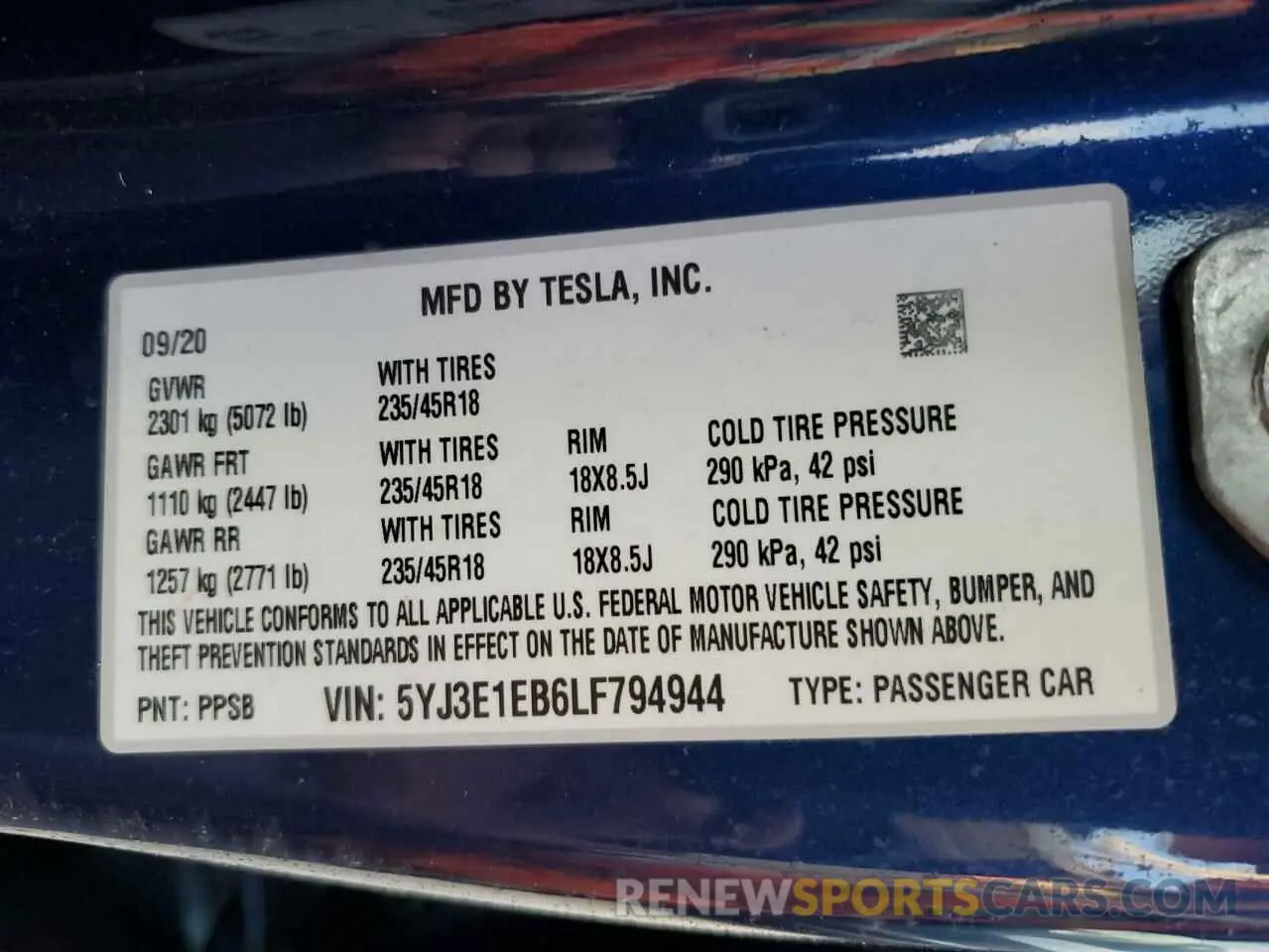 10 fotografías del automóvil dañado 5YJ3E1EB6LF794944 TESLA MODEL 3 2020
