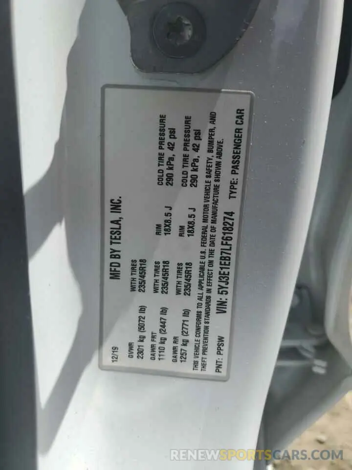 12 fotografías del automóvil dañado 5YJ3E1EB7LF618274 TESLA MODEL 3 2020