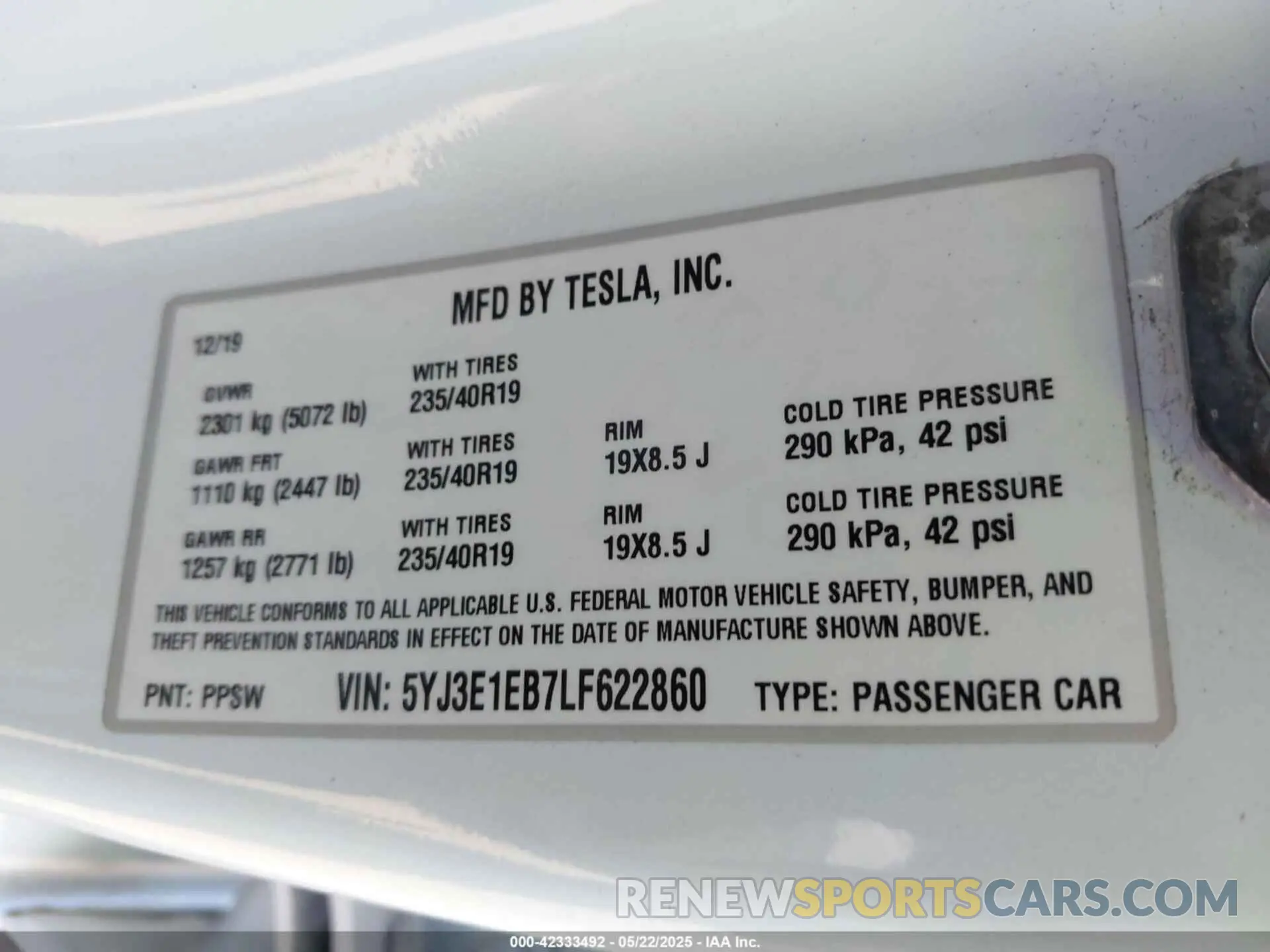 9 fotografías del automóvil dañado 5YJ3E1EB7LF622860 TESLA MODEL 3 2020