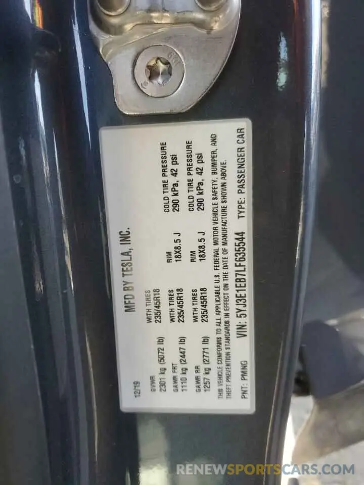 12 fotografías del automóvil dañado 5YJ3E1EB7LF635544 TESLA MODEL 3 2020