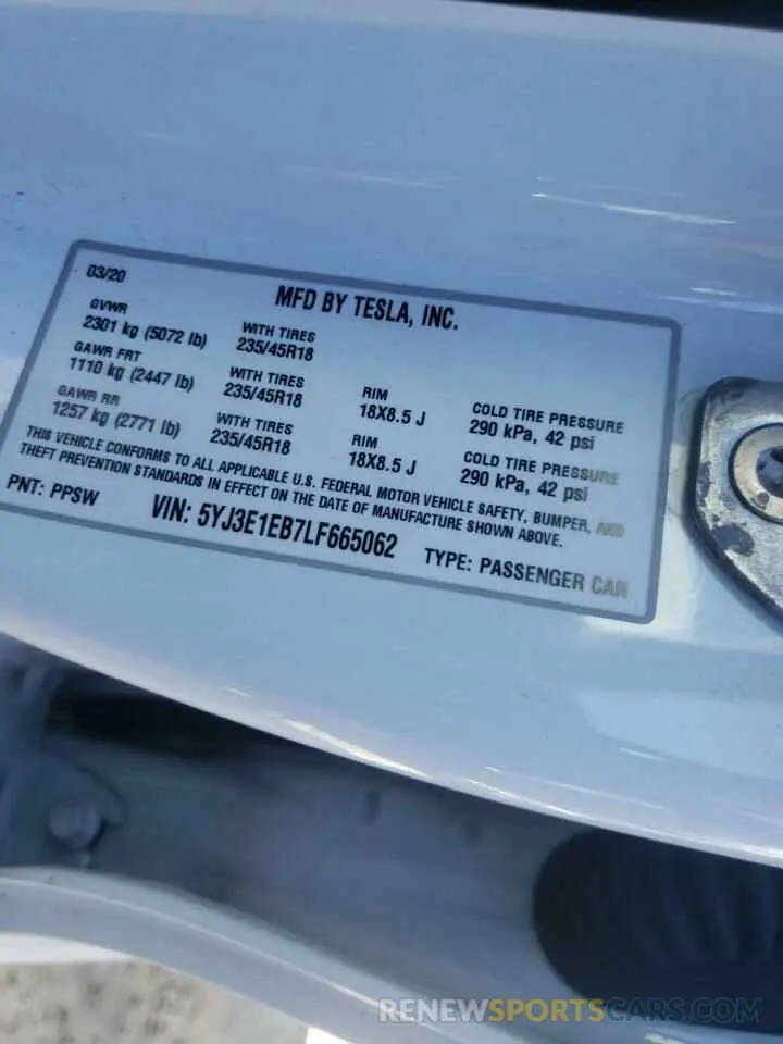 10 fotografías del automóvil dañado 5YJ3E1EB7LF665062 TESLA MODEL 3 2020