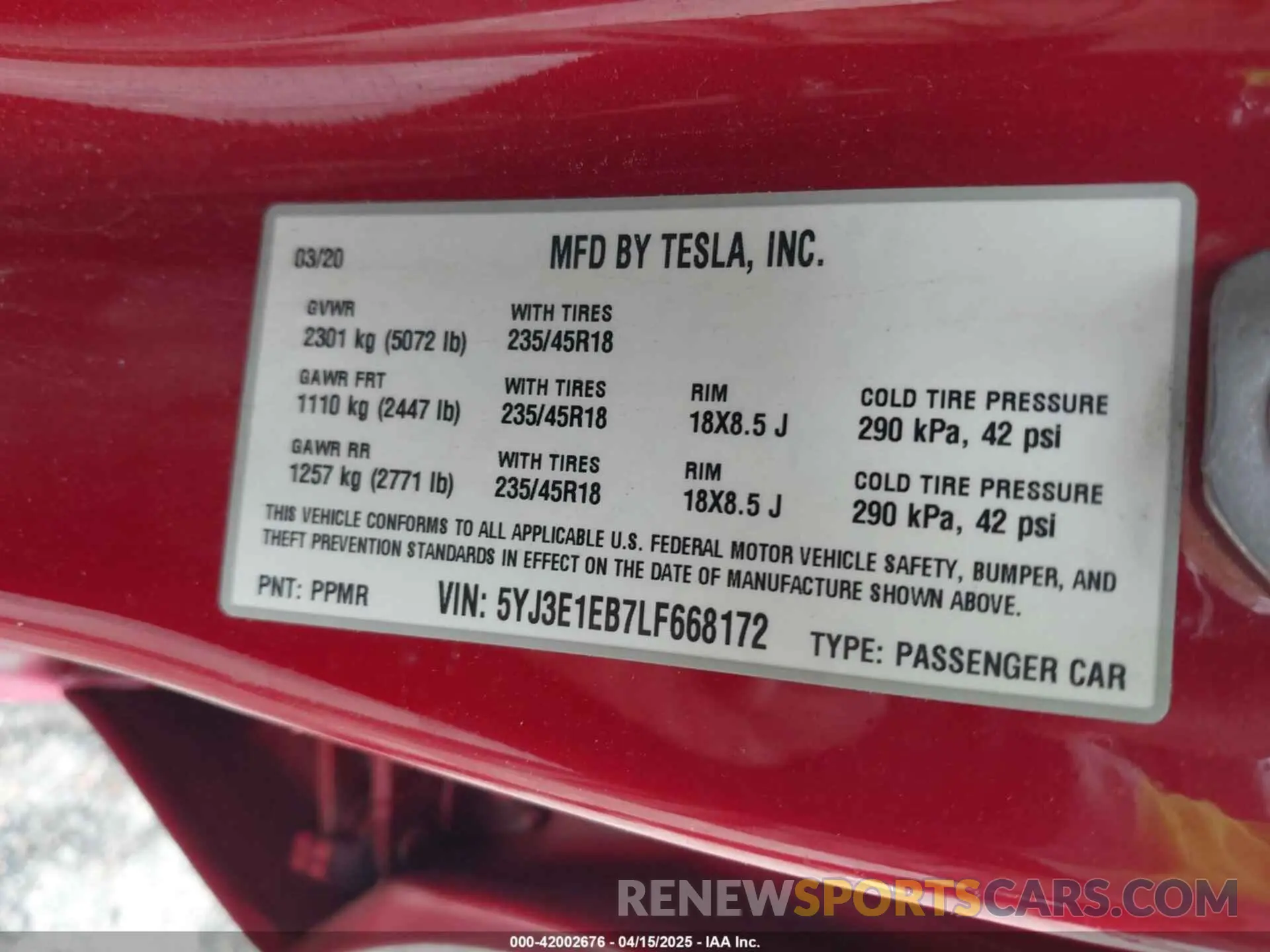 9 fotografías del automóvil dañado 5YJ3E1EB7LF668172 TESLA MODEL 3 2020