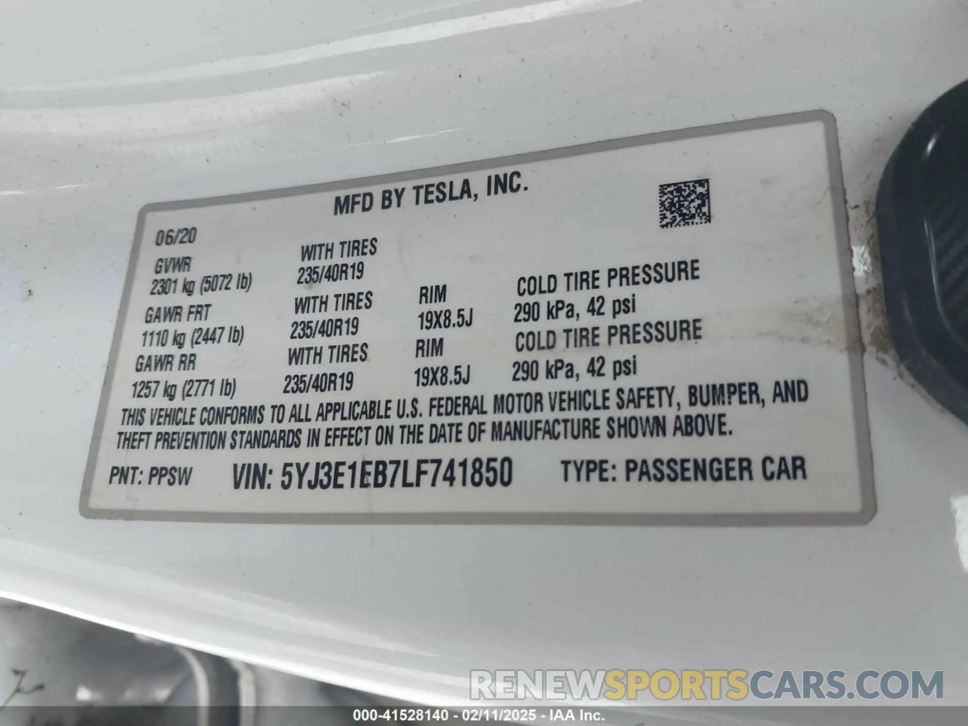 9 fotografías del automóvil dañado 5YJ3E1EB7LF741850 TESLA MODEL 3 2020