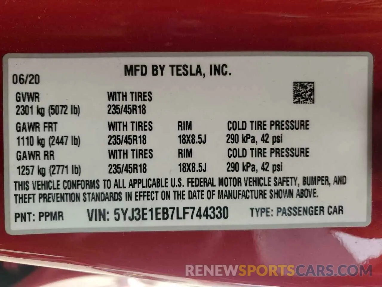 13 fotografías del automóvil dañado 5YJ3E1EB7LF744330 TESLA MODEL 3 2020