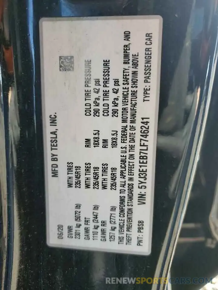 13 fotografías del automóvil dañado 5YJ3E1EB7LF746241 TESLA MODEL 3 2020