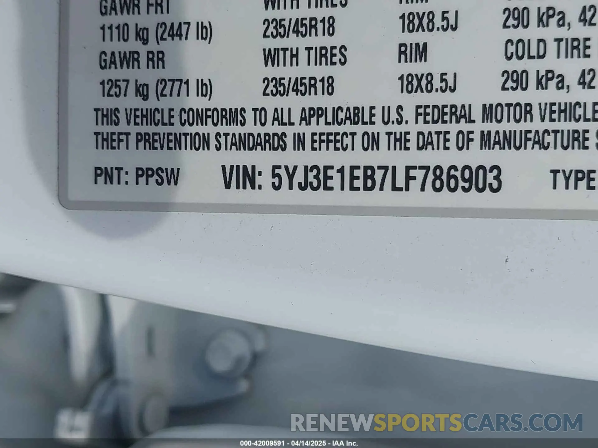 9 fotografías del automóvil dañado 5YJ3E1EB7LF786903 TESLA MODEL 3 2020