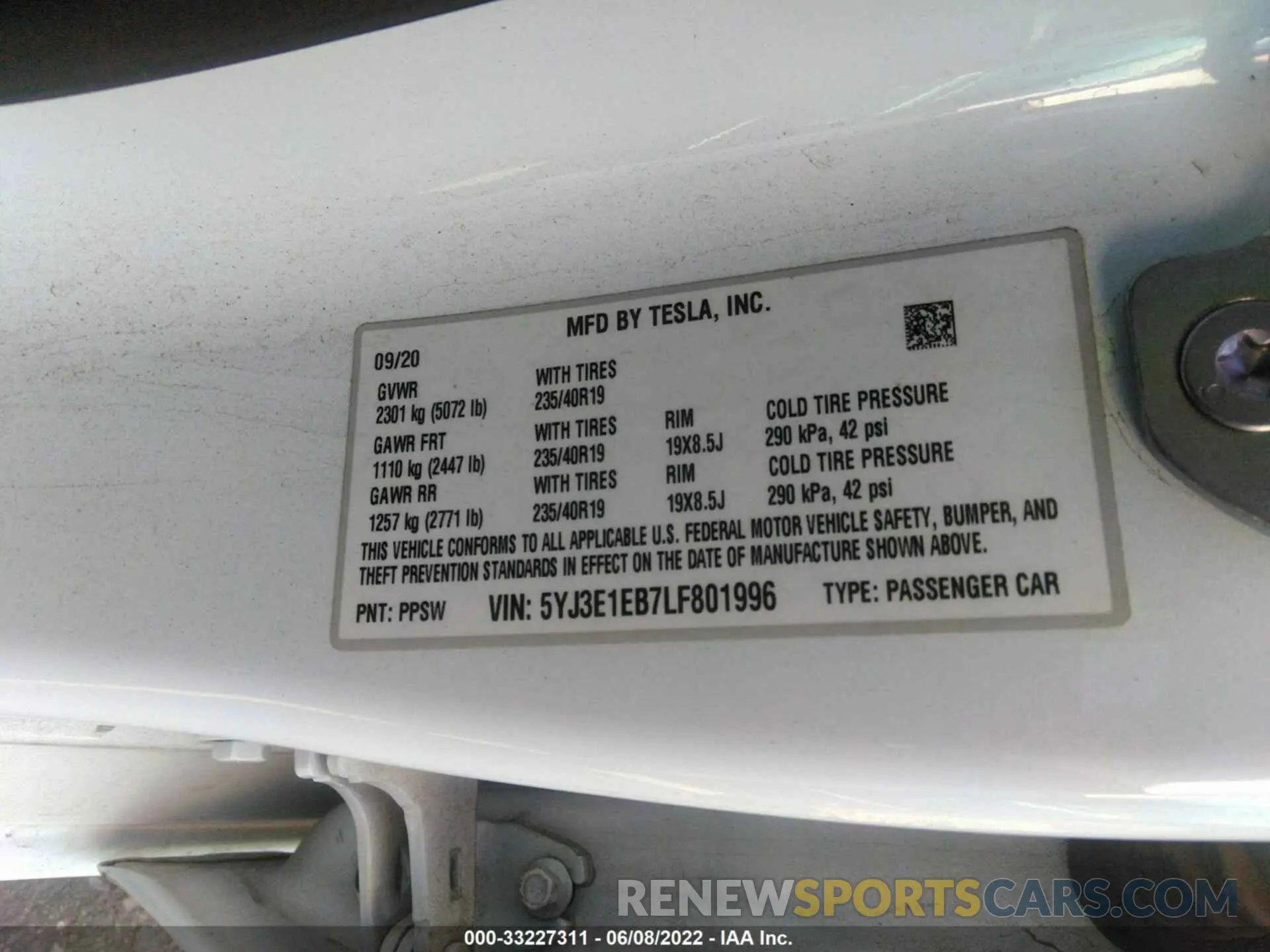 9 fotografías del automóvil dañado 5YJ3E1EB7LF801996 TESLA MODEL 3 2020