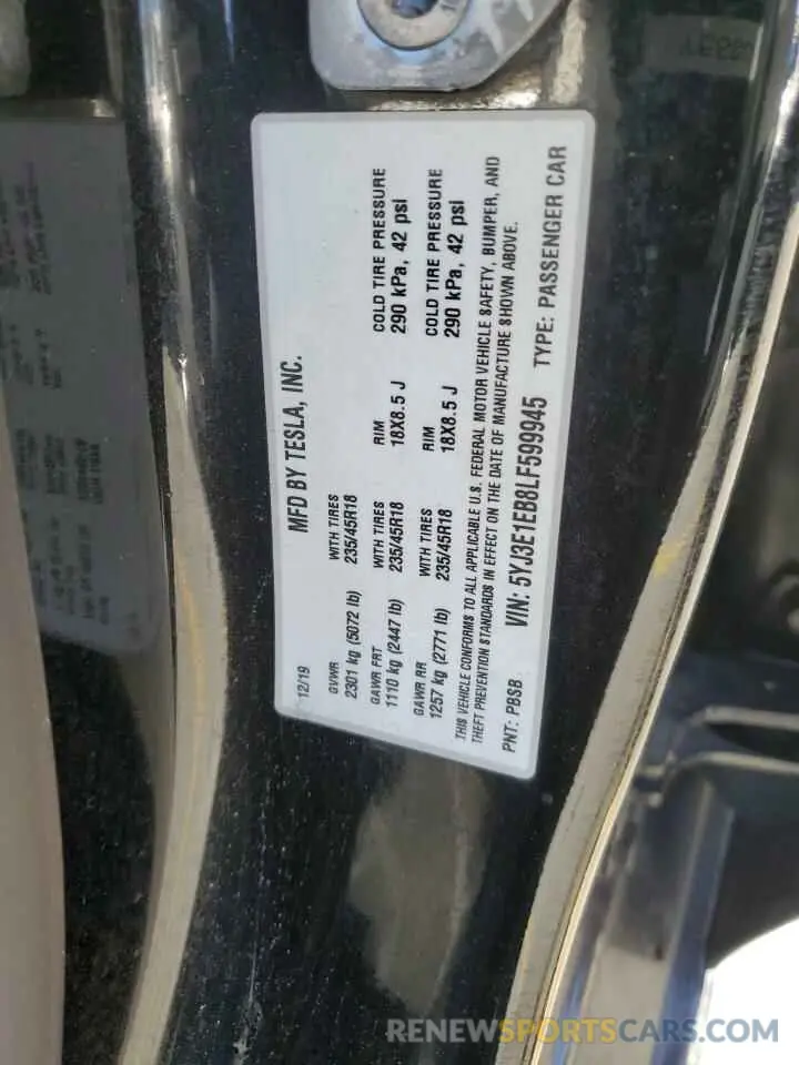 12 fotografías del automóvil dañado 5YJ3E1EB8LF599945 TESLA MODEL 3 2020