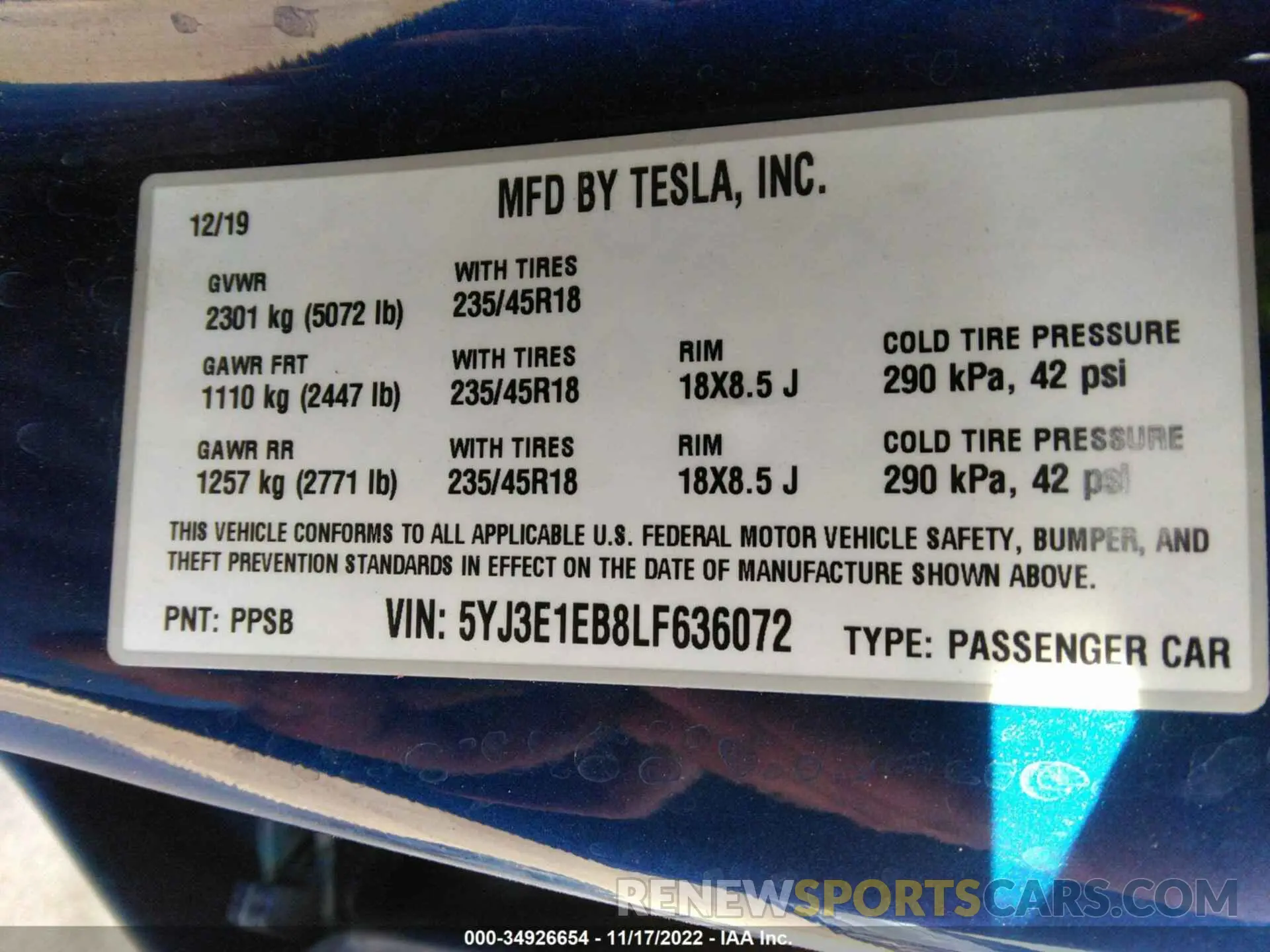 9 fotografías del automóvil dañado 5YJ3E1EB8LF636072 TESLA MODEL 3 2020