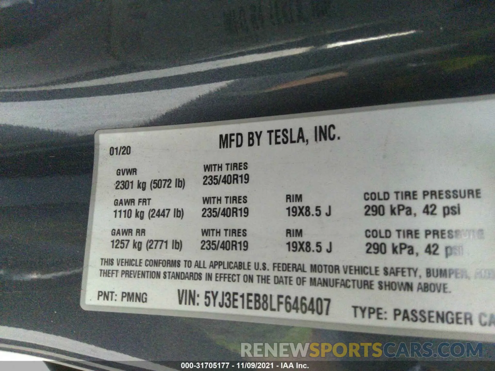 9 fotografías del automóvil dañado 5YJ3E1EB8LF646407 TESLA MODEL 3 2020