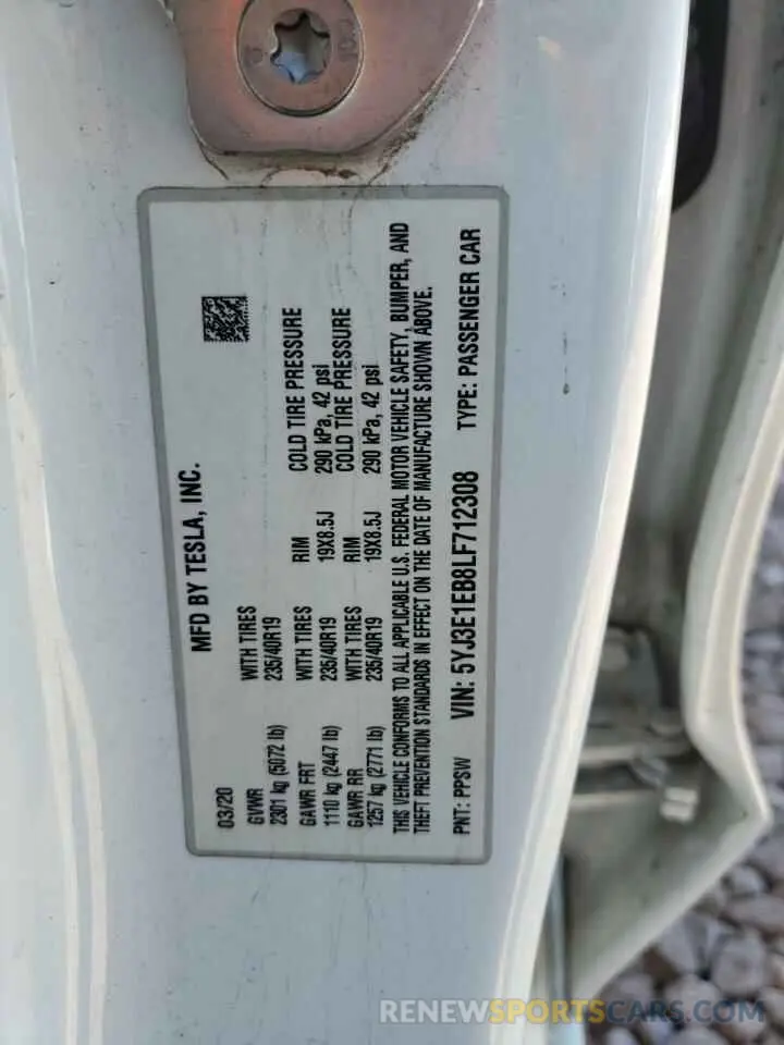 12 fotografías del automóvil dañado 5YJ3E1EB8LF712308 TESLA MODEL 3 2020