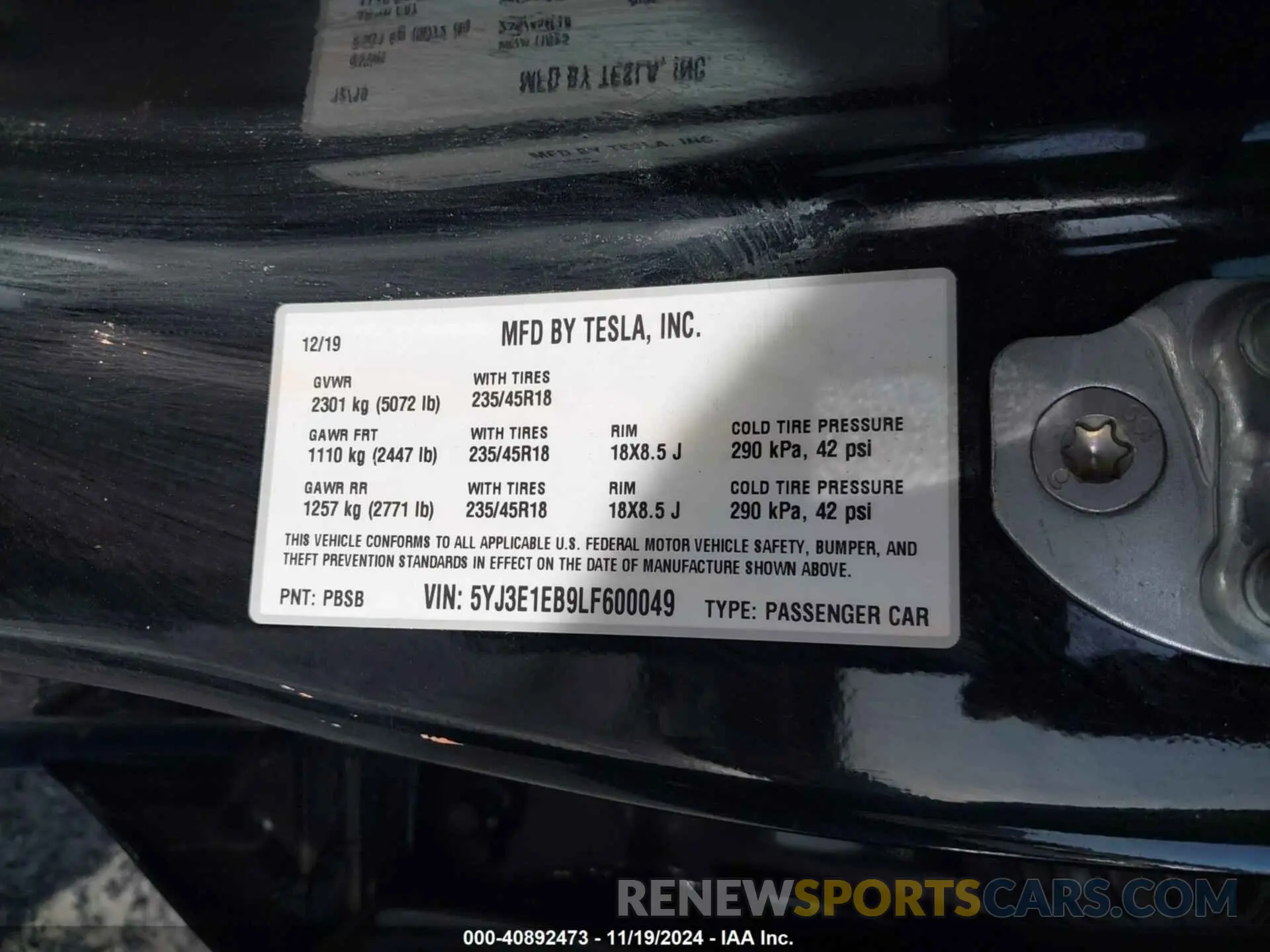 9 fotografías del automóvil dañado 5YJ3E1EB9LF600049 TESLA MODEL 3 2020