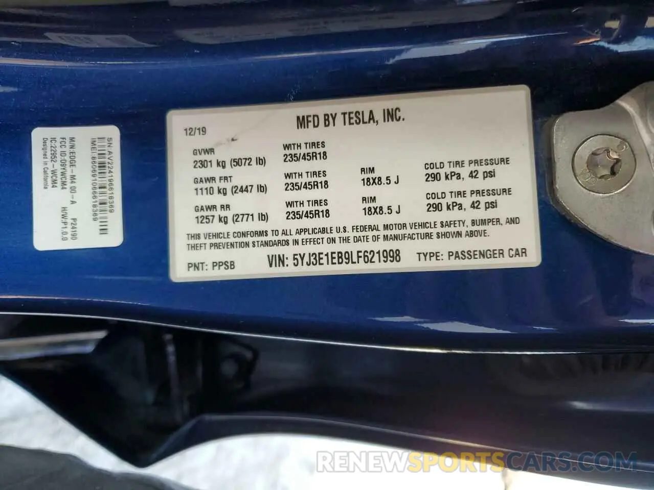 12 fotografías del automóvil dañado 5YJ3E1EB9LF621998 TESLA MODEL 3 2020
