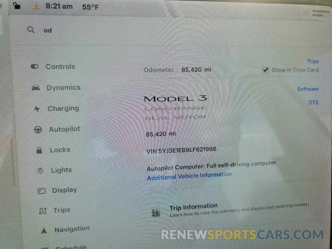 9 fotografías del automóvil dañado 5YJ3E1EB9LF621998 TESLA MODEL 3 2020