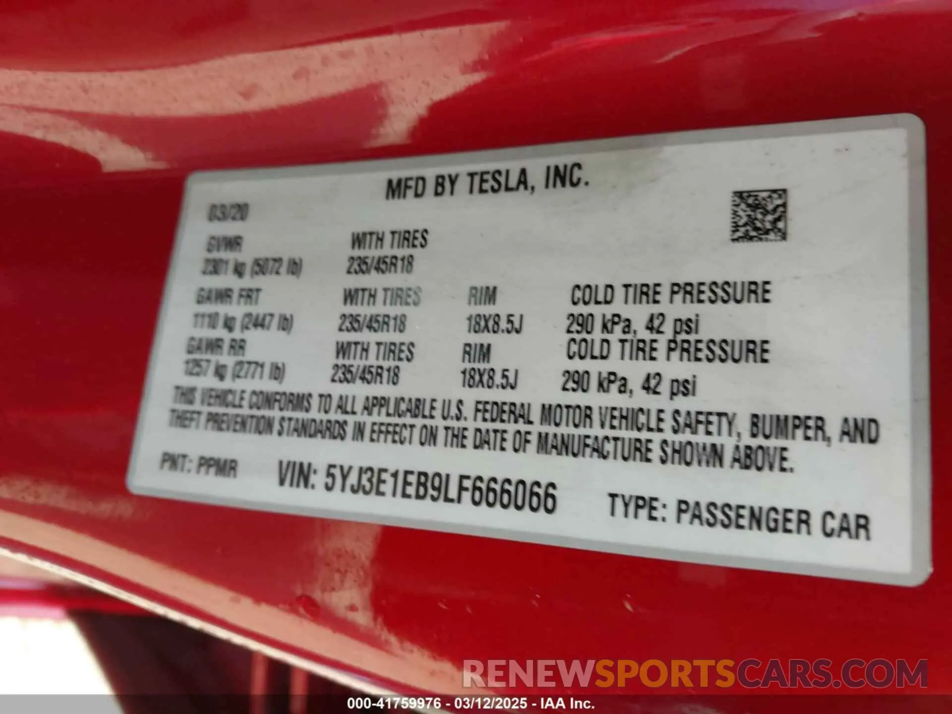 9 fotografías del automóvil dañado 5YJ3E1EB9LF666066 TESLA MODEL 3 2020