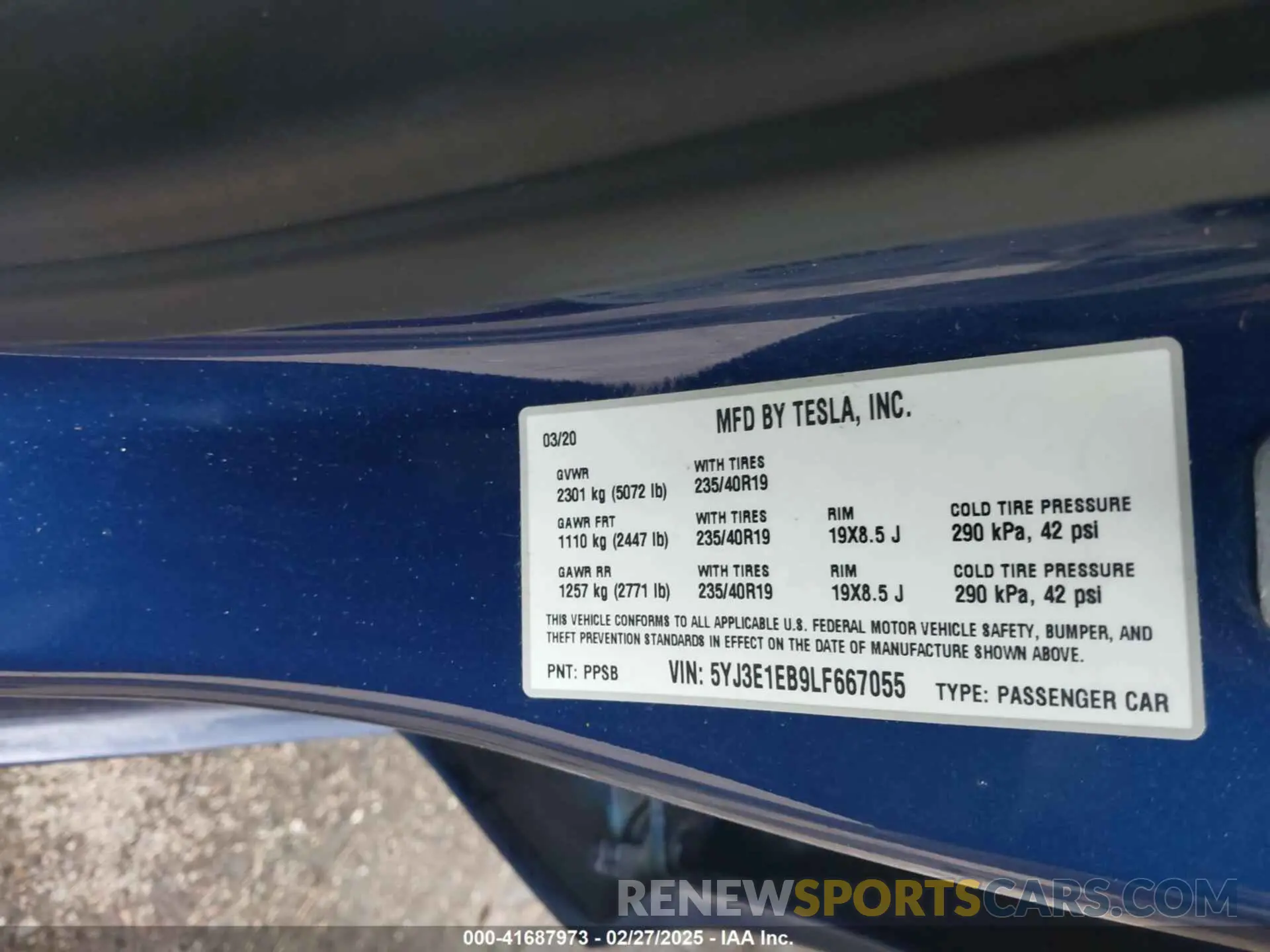 9 fotografías del automóvil dañado 5YJ3E1EB9LF667055 TESLA MODEL 3 2020