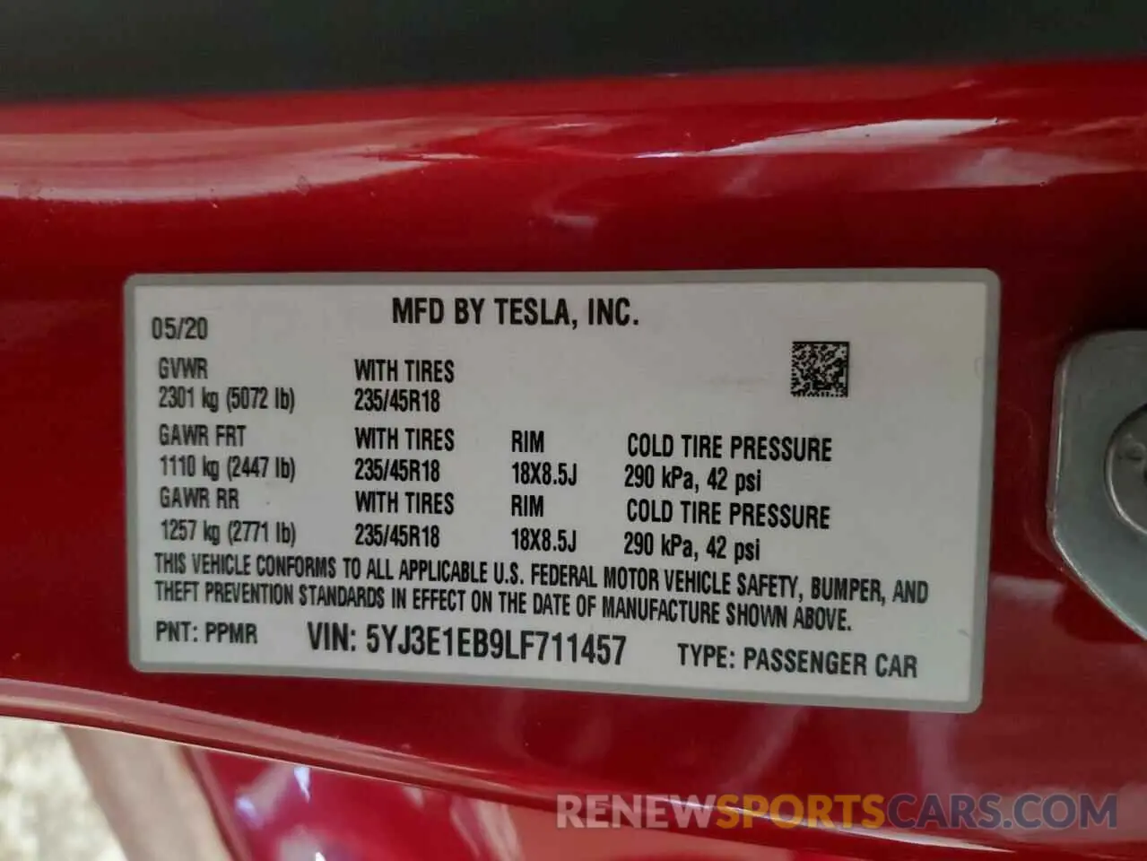 15 fotografías del automóvil dañado 5YJ3E1EB9LF711457 TESLA MODEL 3 2020