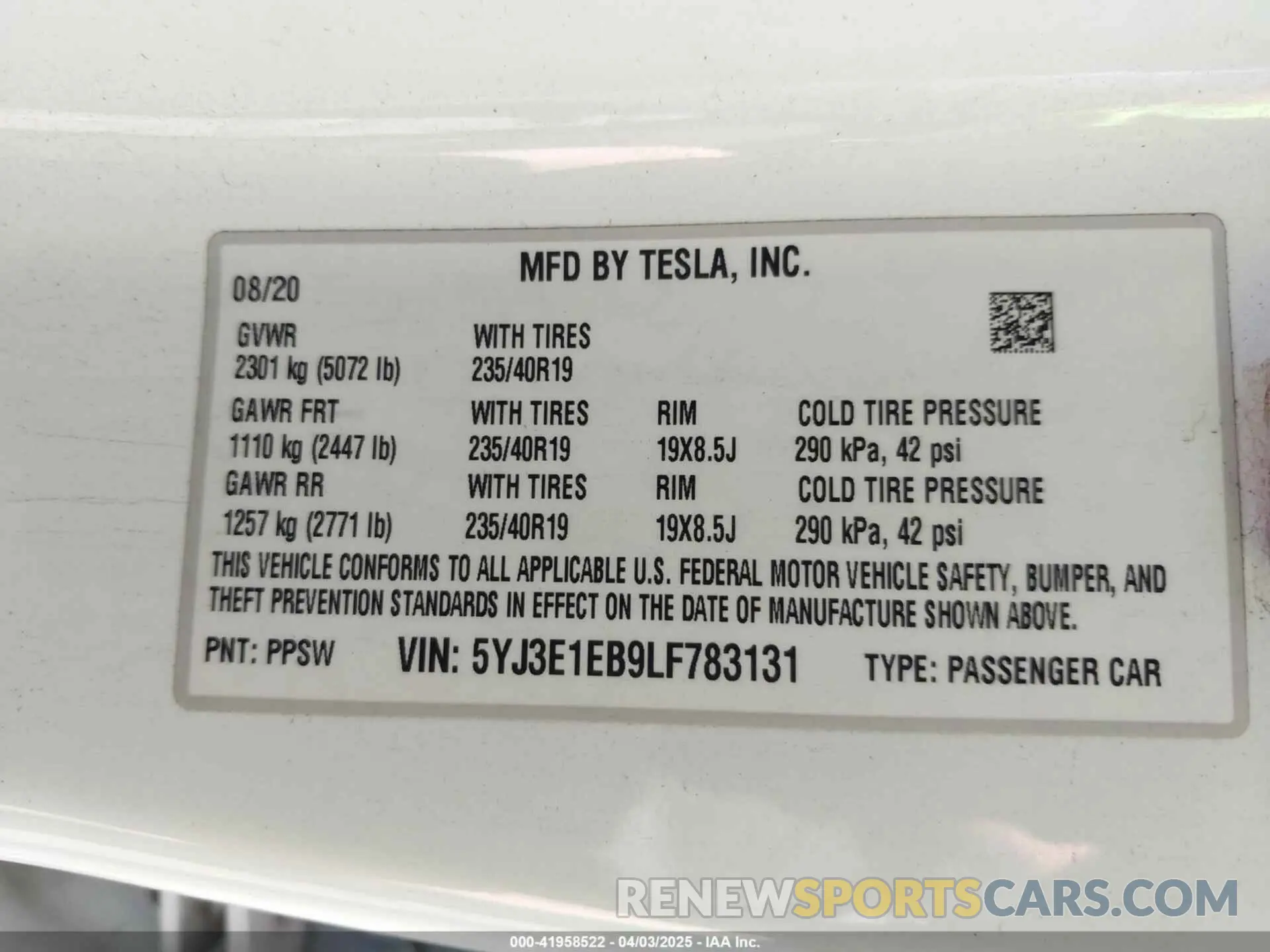 9 fotografías del automóvil dañado 5YJ3E1EB9LF783131 TESLA MODEL 3 2020