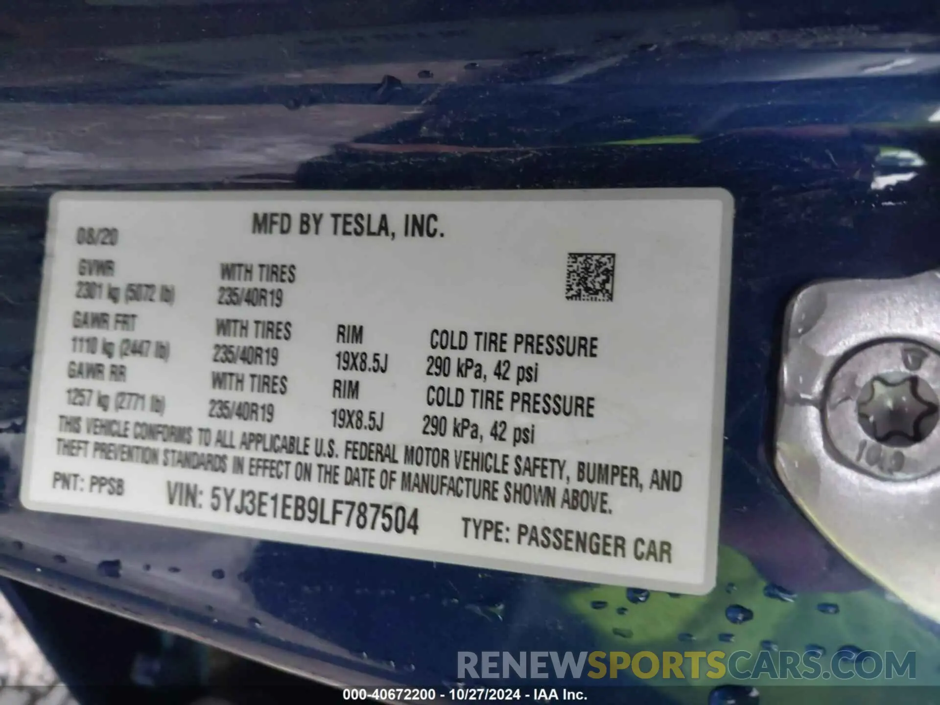 9 fotografías del automóvil dañado 5YJ3E1EB9LF787504 TESLA MODEL 3 2020