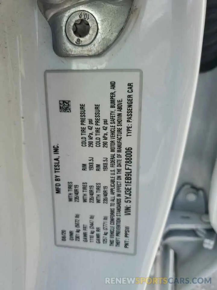 13 fotografías del automóvil dañado 5YJ3E1EB9LF788006 TESLA MODEL 3 2020