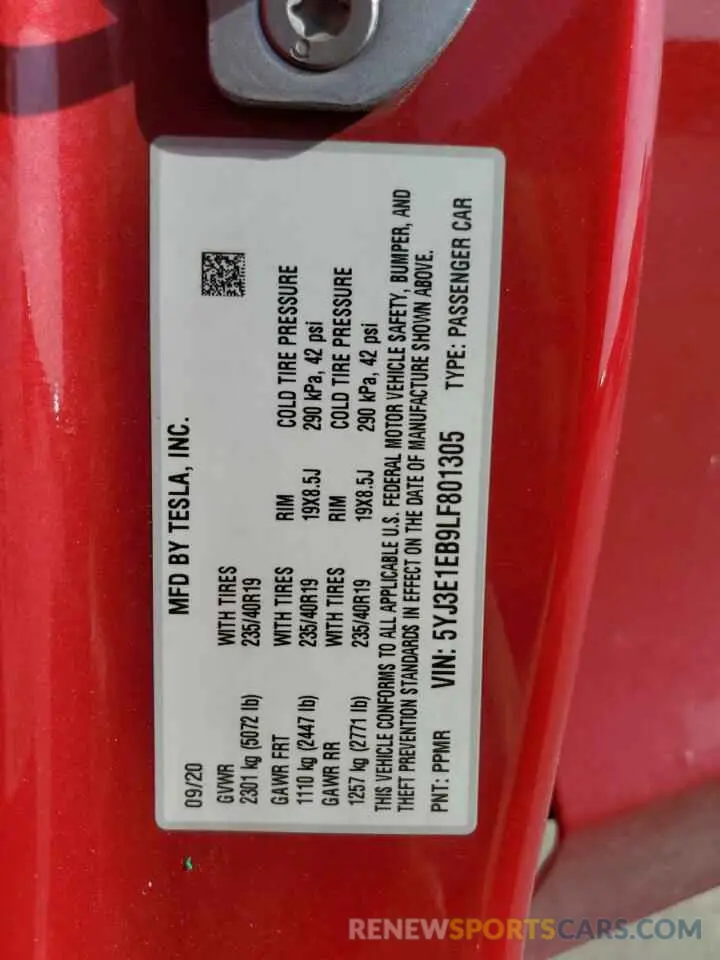 14 fotografías del automóvil dañado 5YJ3E1EB9LF801305 TESLA MODEL 3 2020