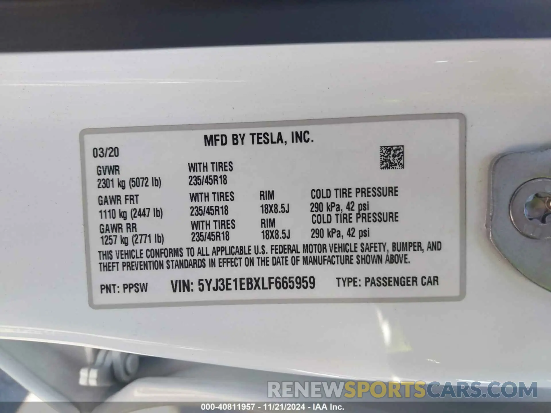 9 fotografías del automóvil dañado 5YJ3E1EBXLF665959 TESLA MODEL 3 2020