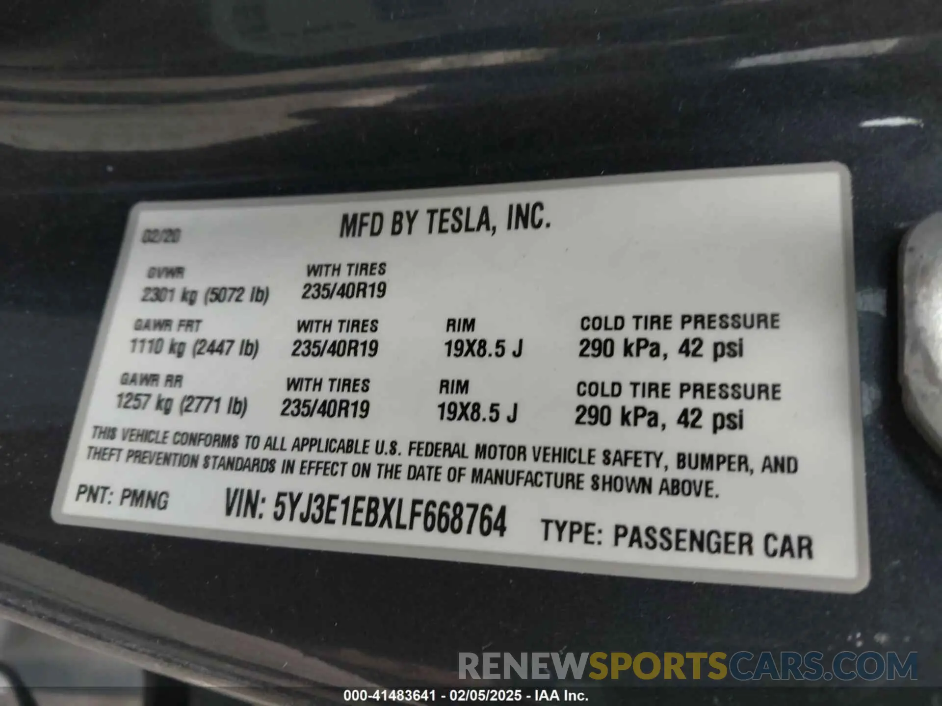 9 fotografías del automóvil dañado 5YJ3E1EBXLF668764 TESLA MODEL 3 2020