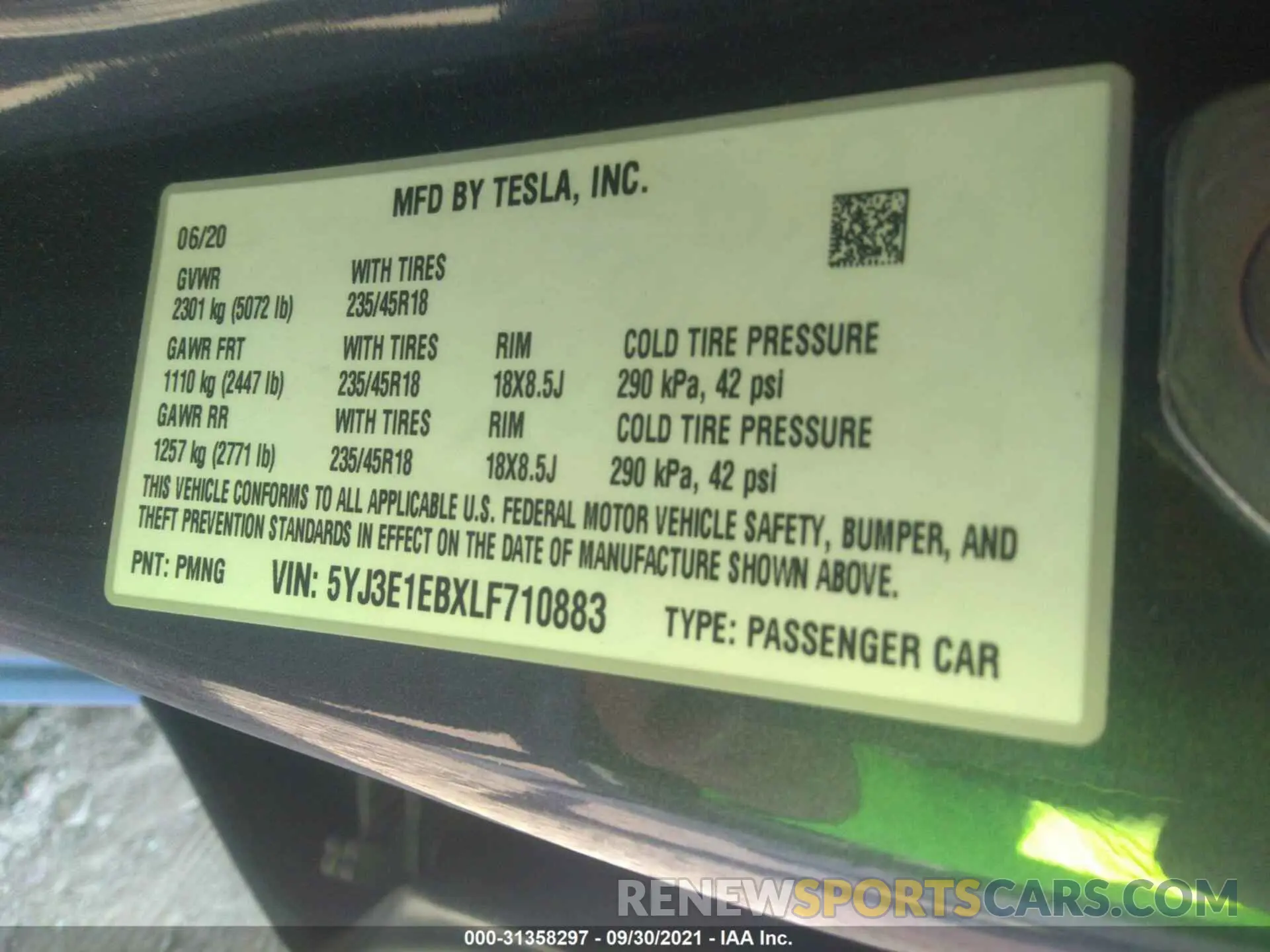 9 fotografías del automóvil dañado 5YJ3E1EBXLF710883 TESLA MODEL 3 2020