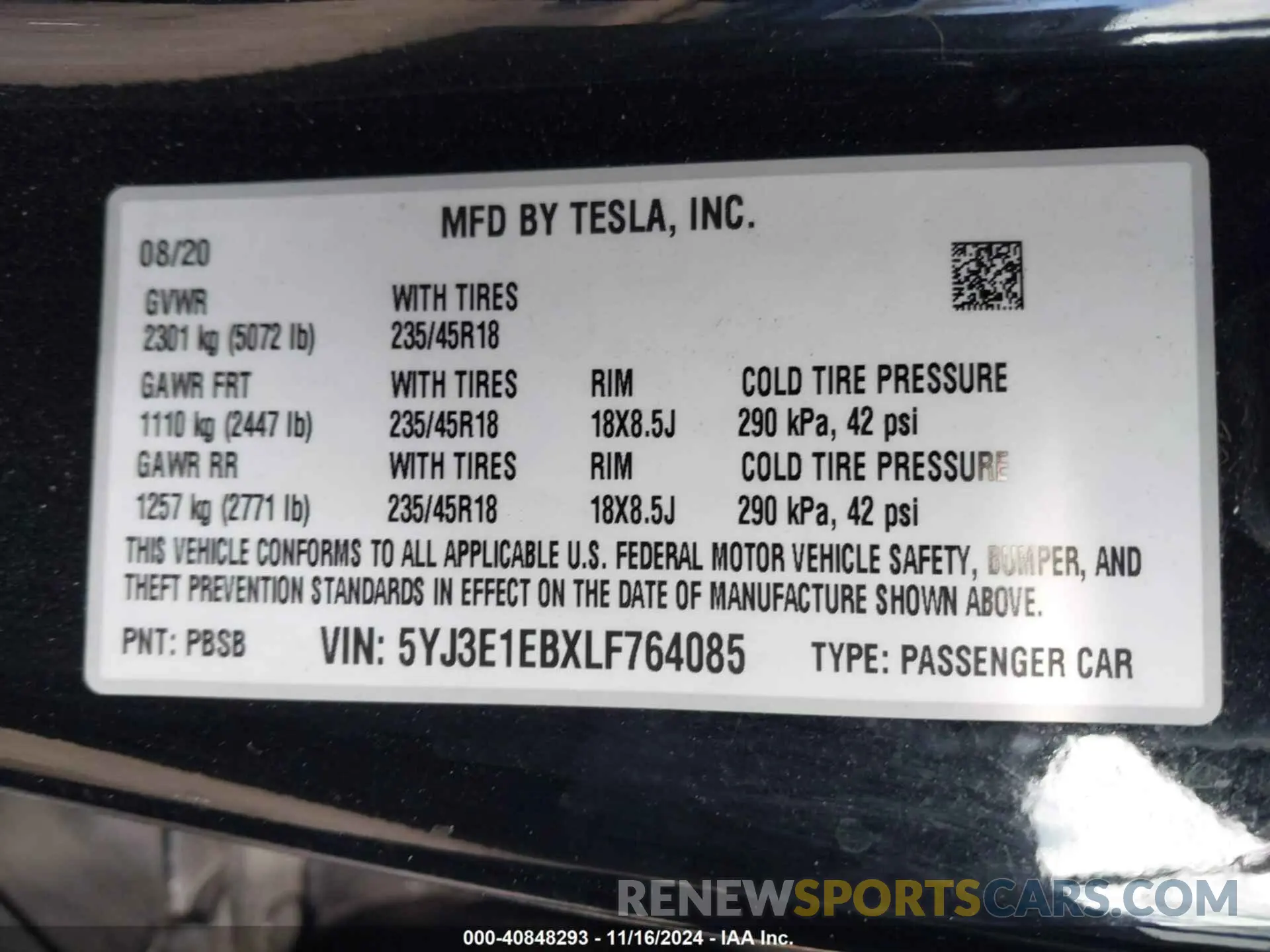 9 fotografías del automóvil dañado 5YJ3E1EBXLF764085 TESLA MODEL 3 2020