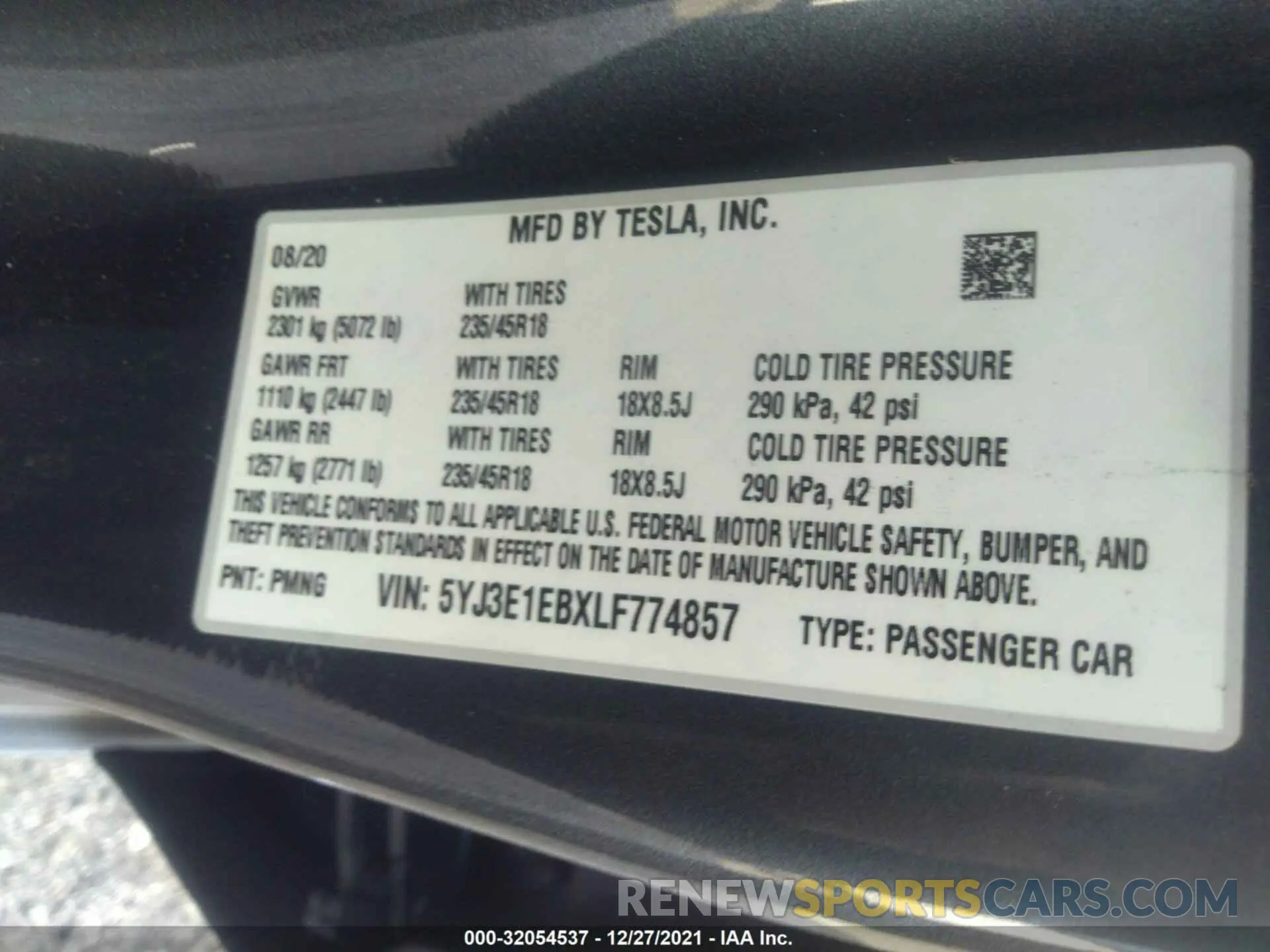 9 fotografías del automóvil dañado 5YJ3E1EBXLF774857 TESLA MODEL 3 2020