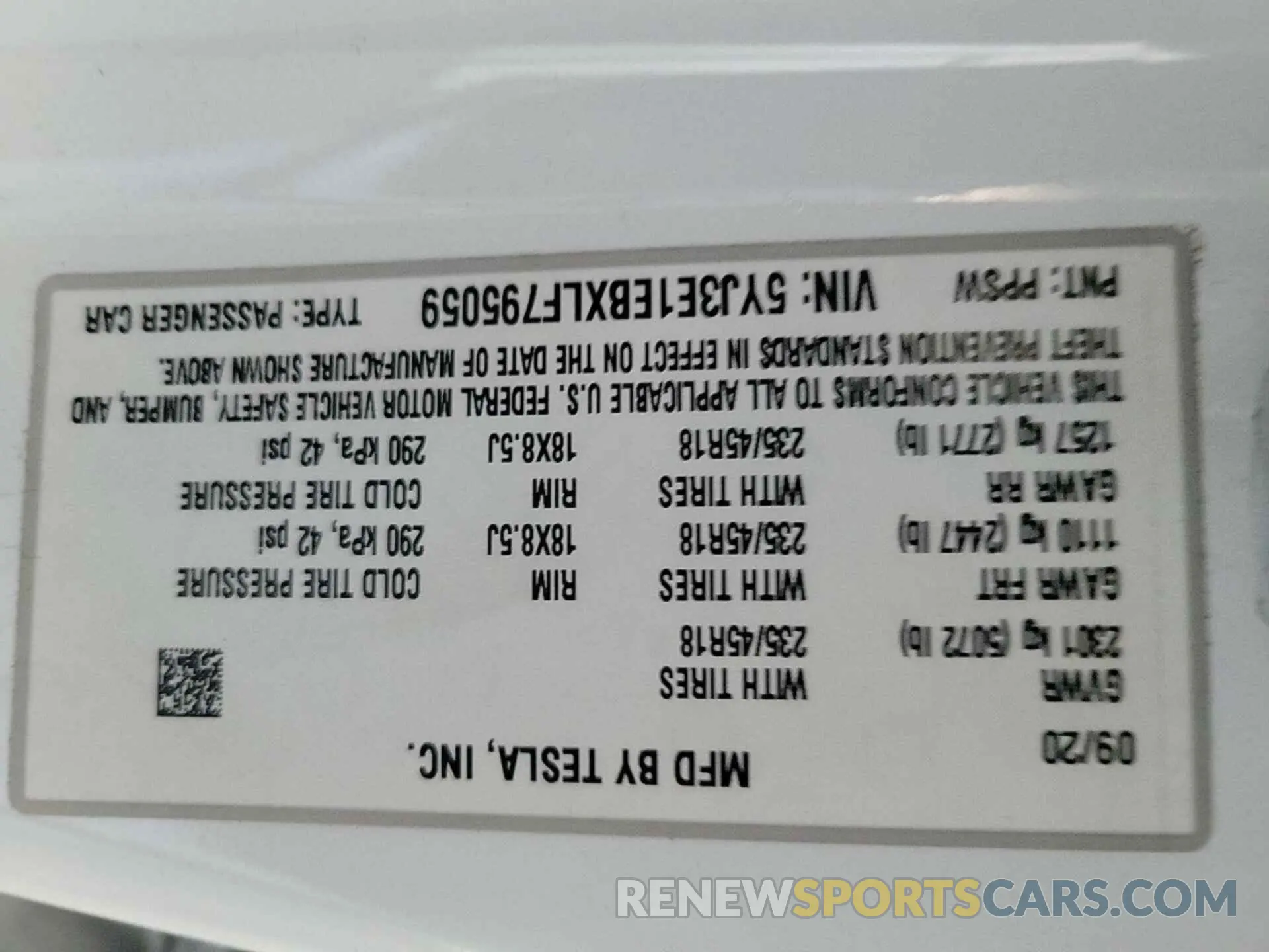20 fotografías del automóvil dañado 5YJ3E1EBXLF795059 TESLA MODEL 3 2020