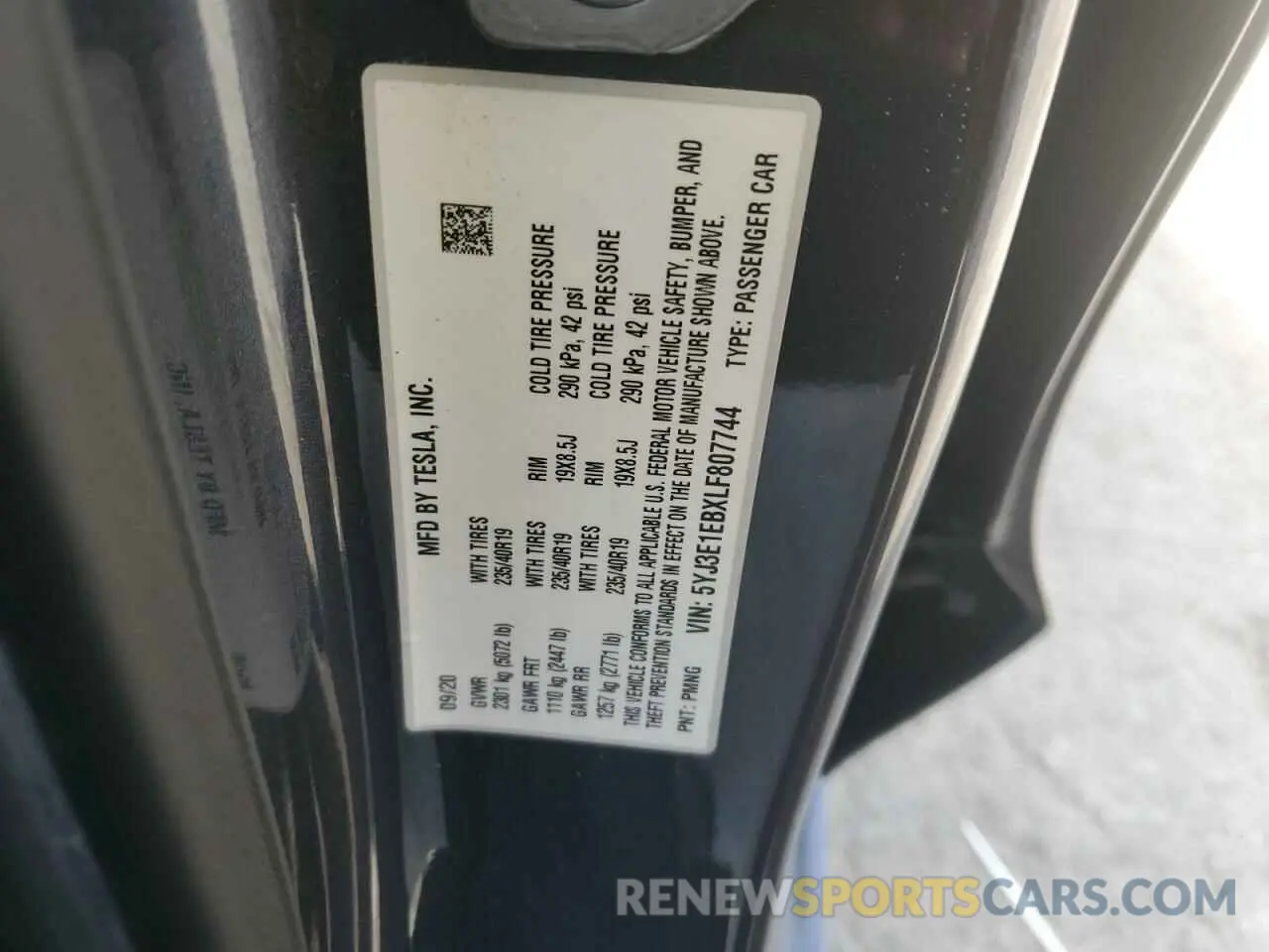 12 fotografías del automóvil dañado 5YJ3E1EBXLF807744 TESLA MODEL 3 2020