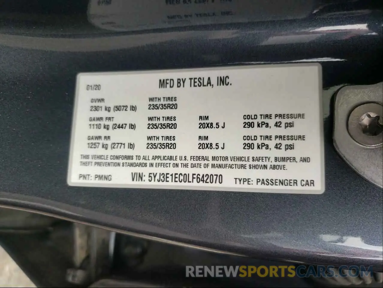 10 fotografías del automóvil dañado 5YJ3E1EC0LF642070 TESLA MODEL 3 2020