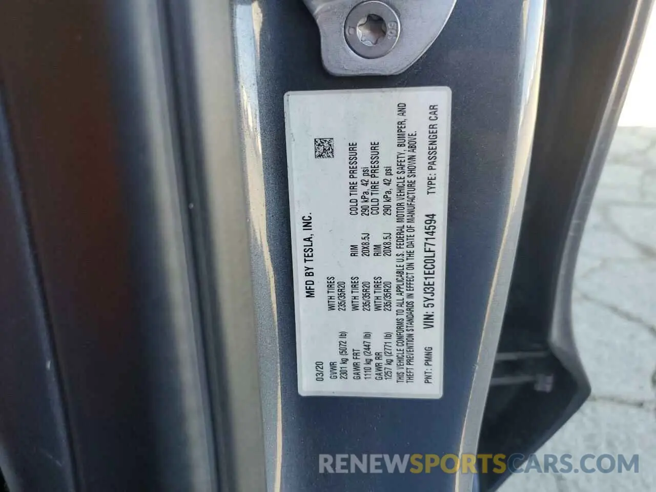 12 fotografías del automóvil dañado 5YJ3E1EC0LF714594 TESLA MODEL 3 2020