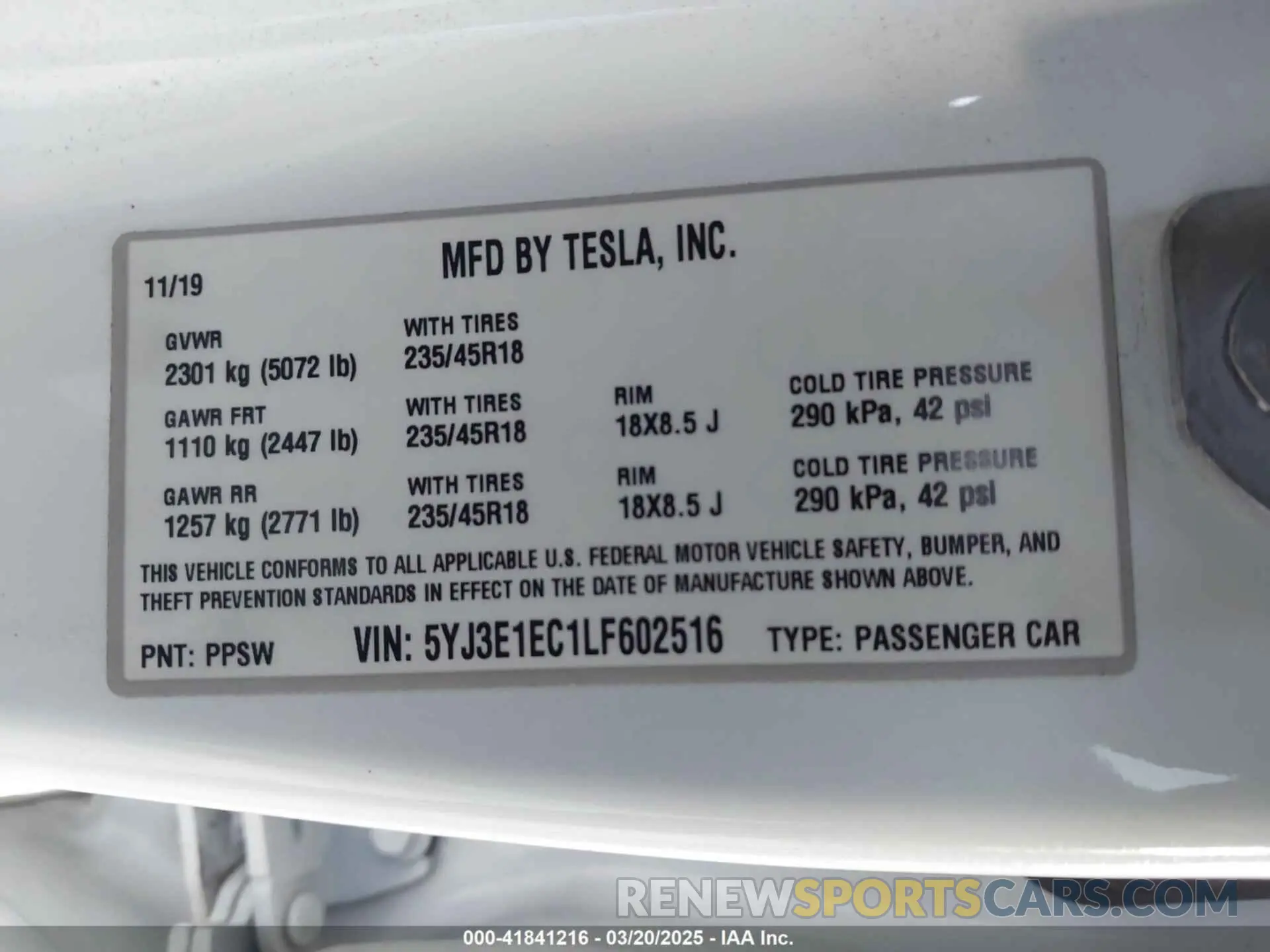 9 fotografías del automóvil dañado 5YJ3E1EC1LF602516 TESLA MODEL 3 2020