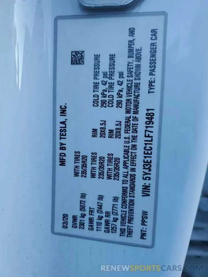 12 fotografías del automóvil dañado 5YJ3E1EC1LF719481 TESLA MODEL 3 2020